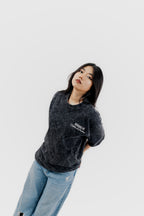 Caffeine and Deadlines - Black Acid Wash - Crew Neck - Drop Shoulder T-Shirt for Women