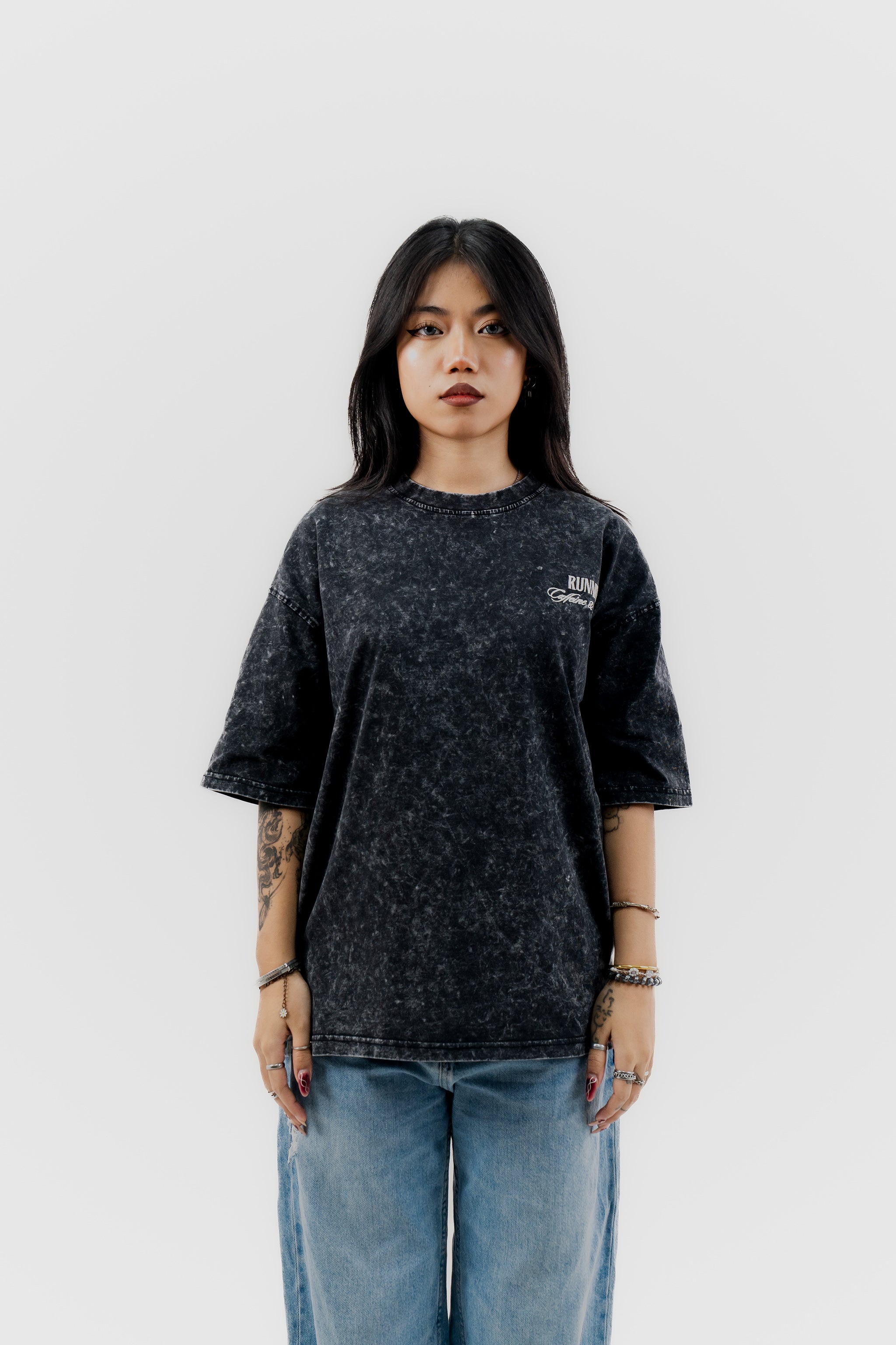 Caffeine and Deadlines - Black Acid Wash - Crew Neck - Drop Shoulder T-Shirt for Women