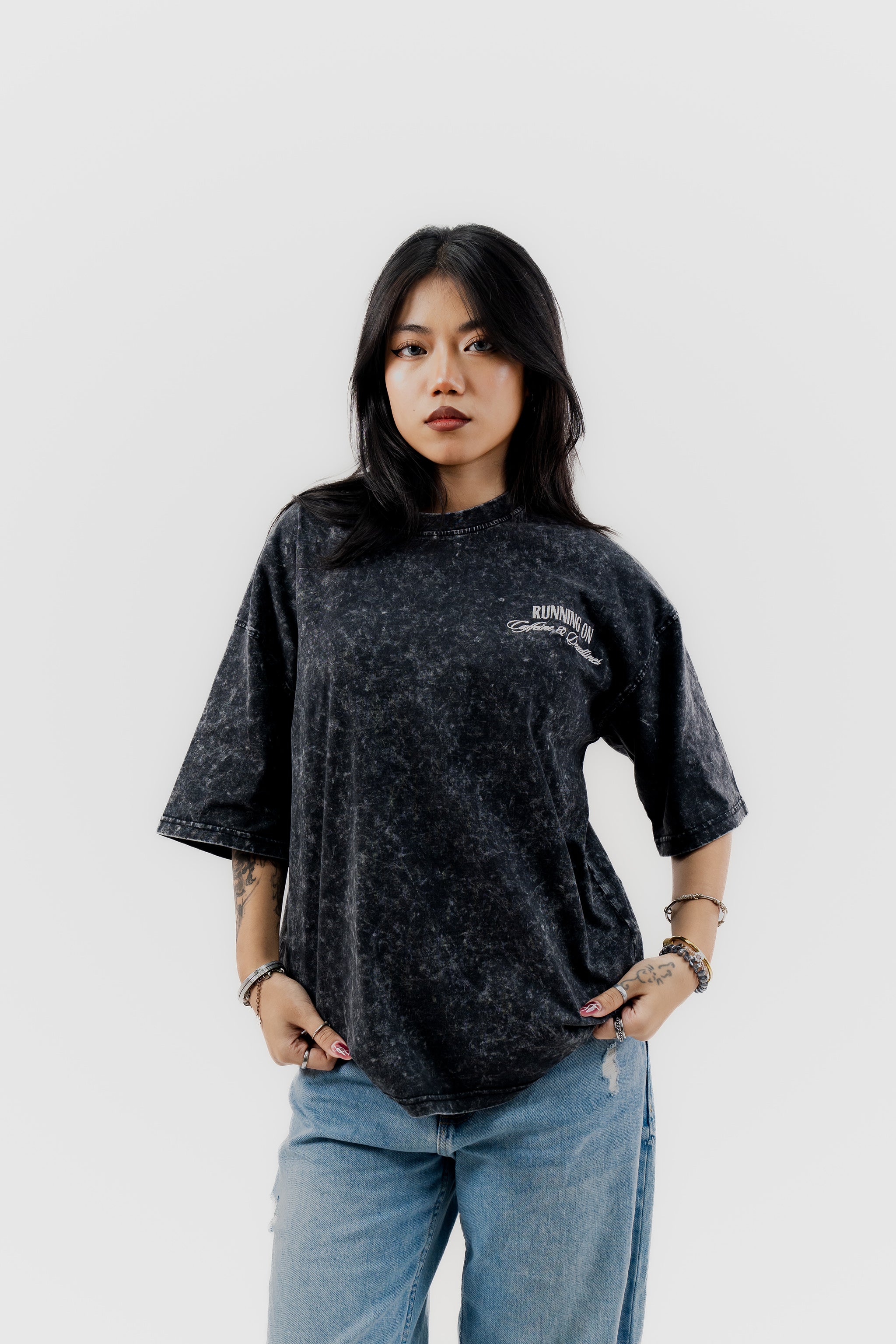 Caffeine and Deadlines - Black Acid Wash - Crew Neck - Drop Shoulder T-Shirt for Women