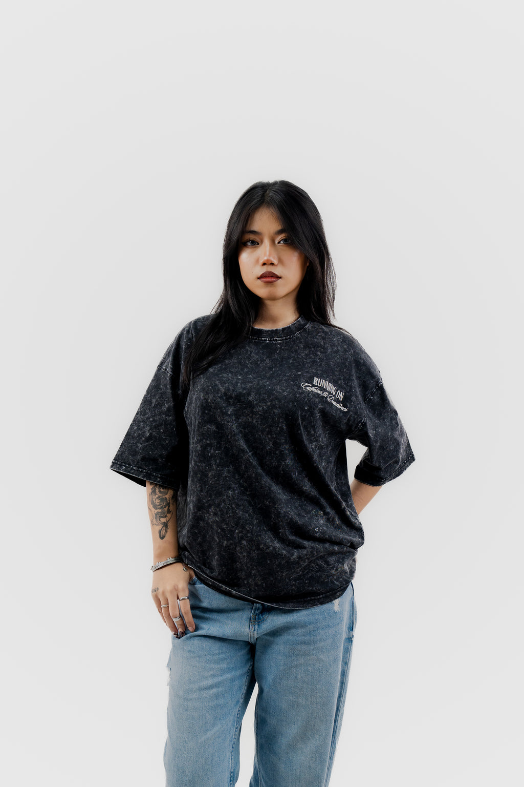 Caffeine and Deadlines - Black Acid Wash - Crew Neck - Drop Shoulder T-Shirt for Women