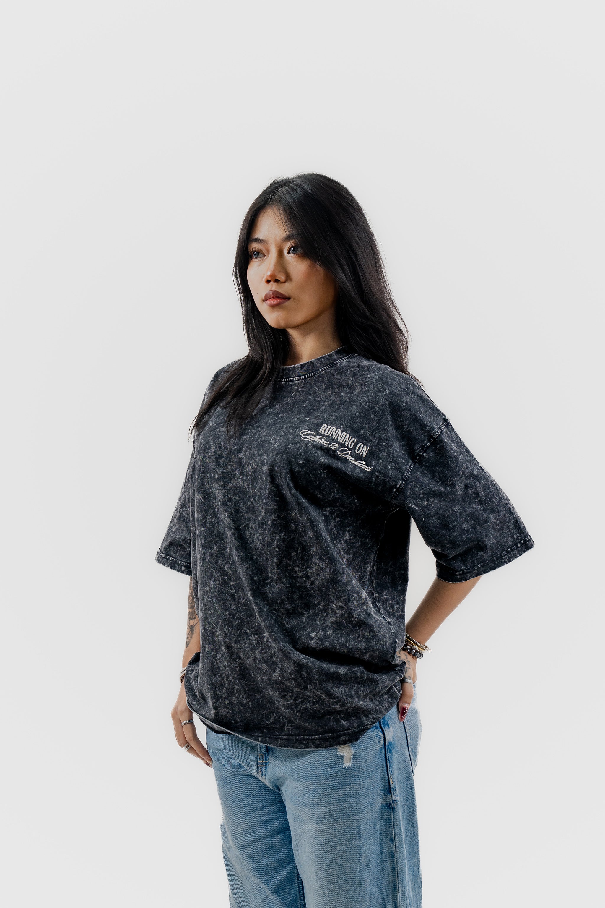Caffeine and Deadlines - Black Acid Wash - Crew Neck - Drop Shoulder T-Shirt for Women
