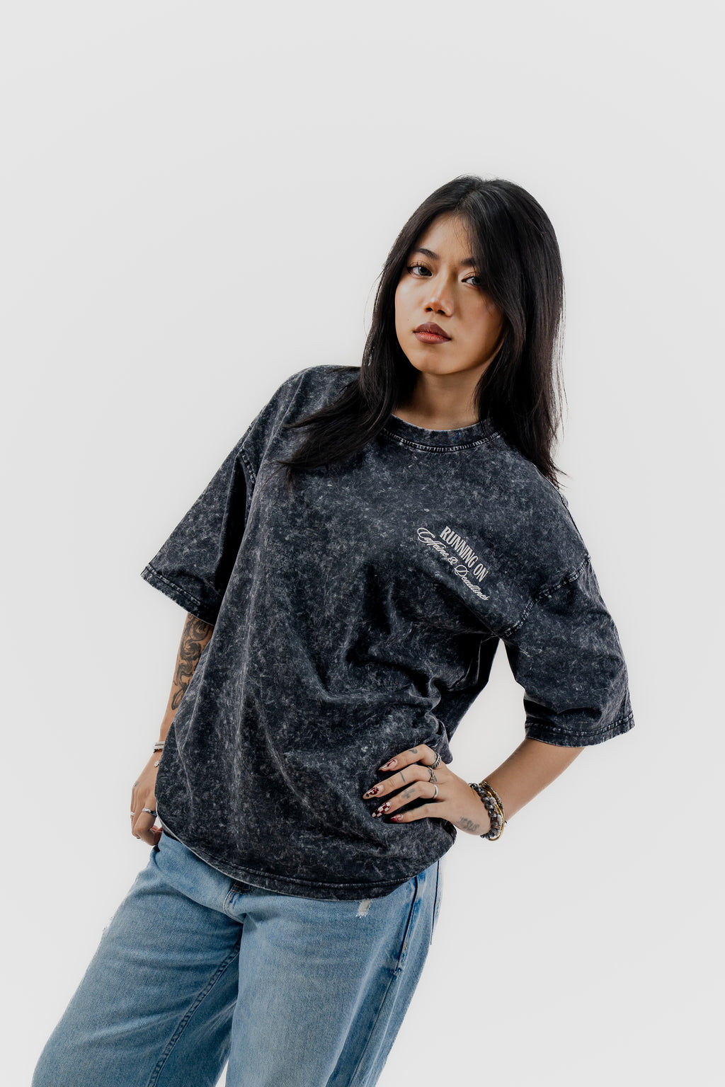 Caffeine and Deadlines - Black Acid Wash - Crew Neck - Drop Shoulder T-Shirt for Women