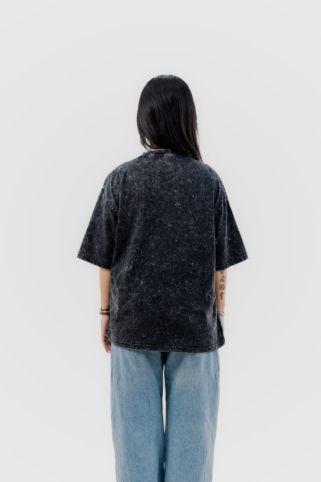 Caffeine and Deadlines - Black Acid Wash - Crew Neck - Drop Shoulder T-Shirt for Women