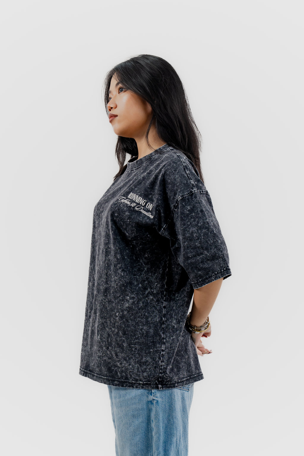 Caffeine and Deadlines - Black Acid Wash - Crew Neck - Drop Shoulder T-Shirt for Women