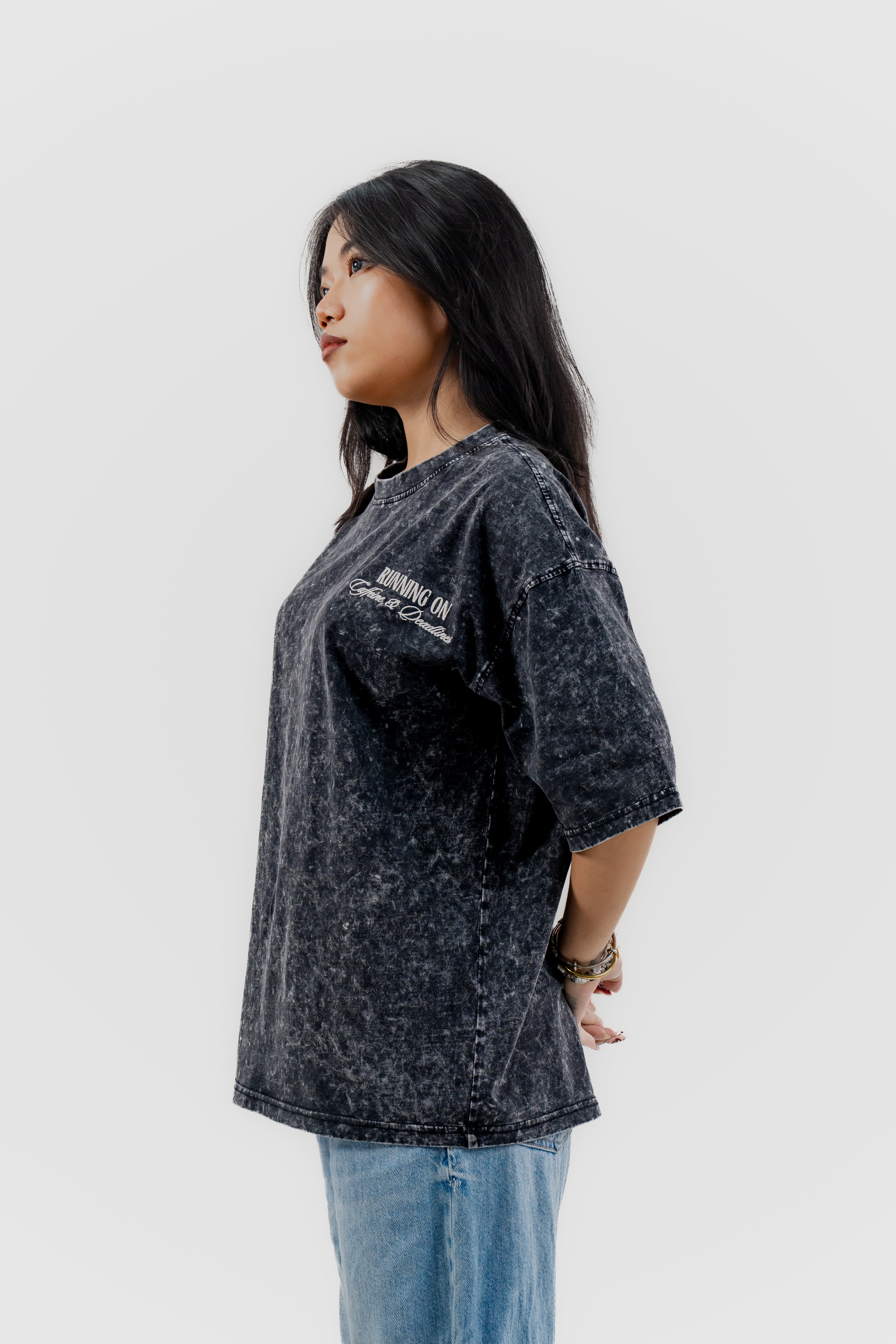 Caffeine and Deadlines - Black Acid Wash - Crew Neck - Drop Shoulder T-Shirt for Women