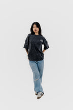Caffeine and Deadlines - Black Acid Wash - Crew Neck - Drop Shoulder T-Shirt for Women