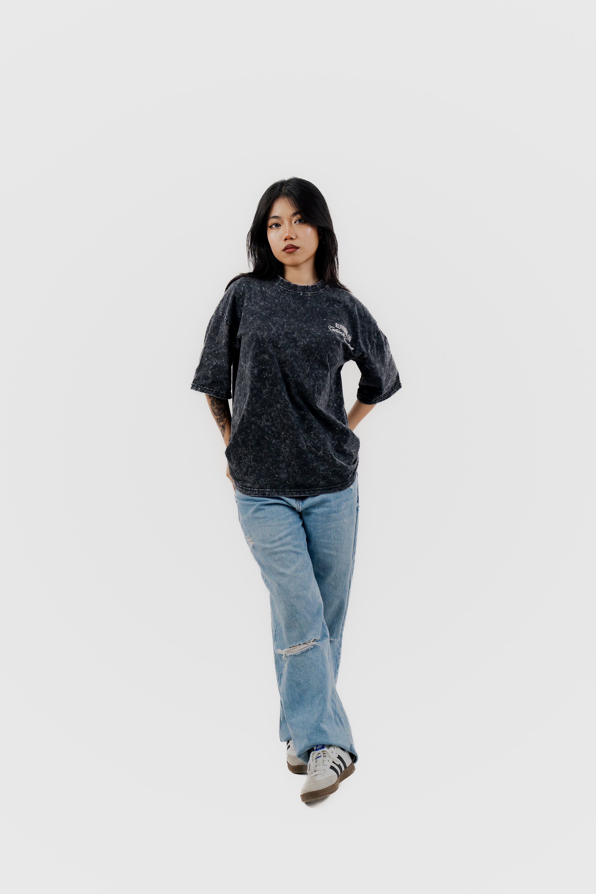 Caffeine and Deadlines - Black Acid Wash - Crew Neck - Drop Shoulder T-Shirt for Women
