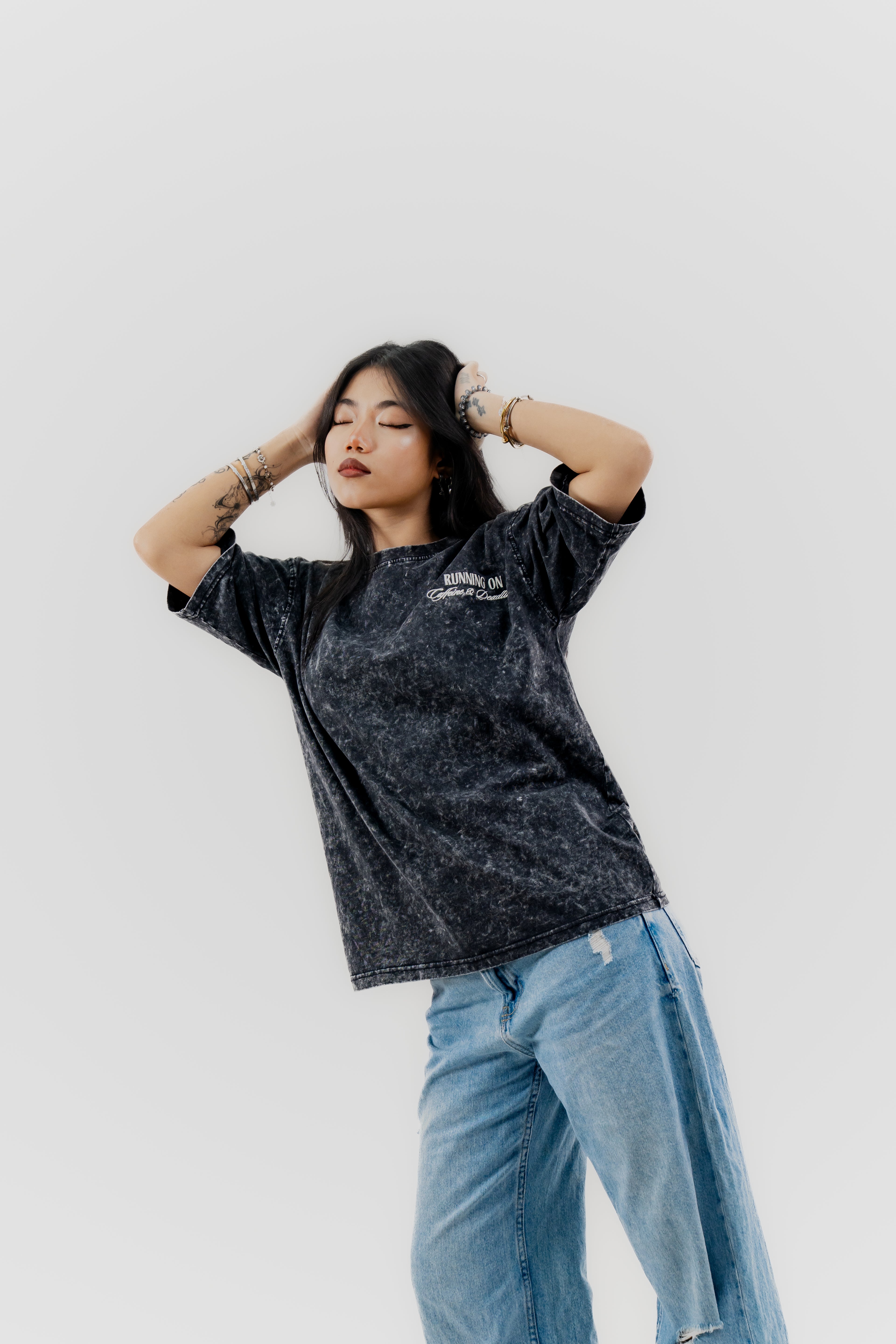 Caffeine and Deadlines - Black Acid Wash - Crew Neck - Drop Shoulder T-Shirt for Women