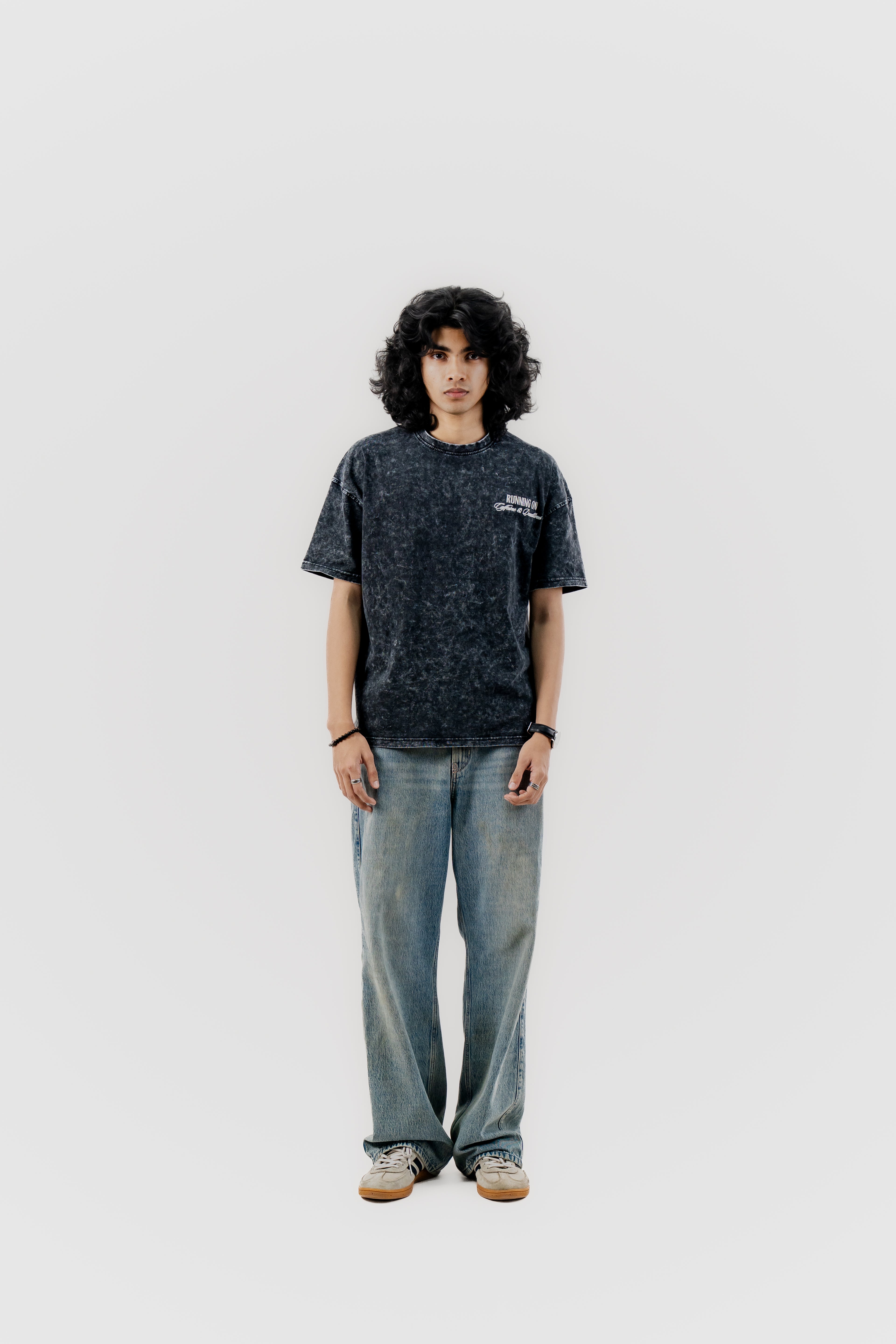 Caffeine and Deadlines - Black Acid Wash - Crew Neck - Drop Shoulder T-Shirt for Men