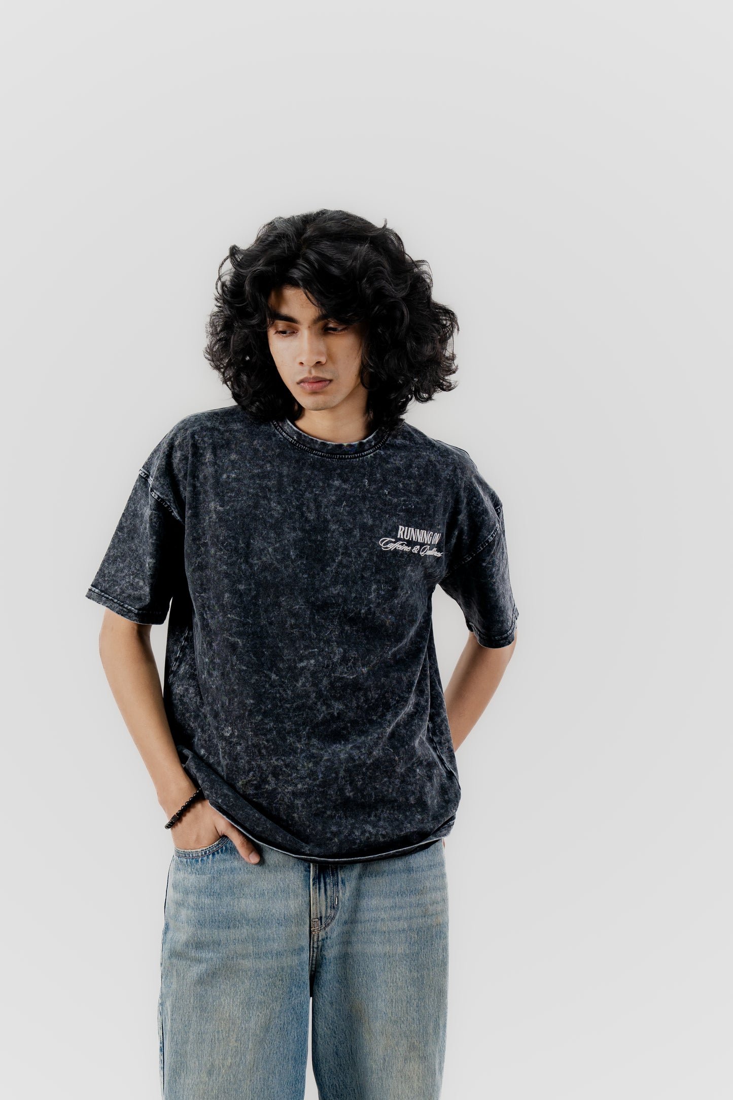 Caffeine and Deadlines - Black Acid Wash - Drop Shoulder T-Shirt for Men