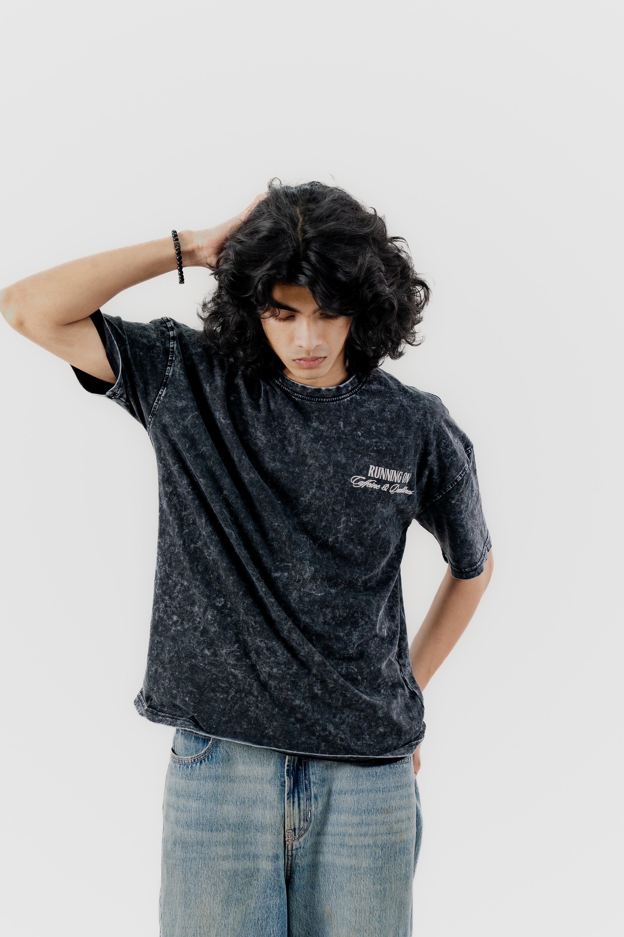 Caffeine and Deadlines - Black Acid Wash - Crew Neck - Drop Shoulder T-Shirt for Men
