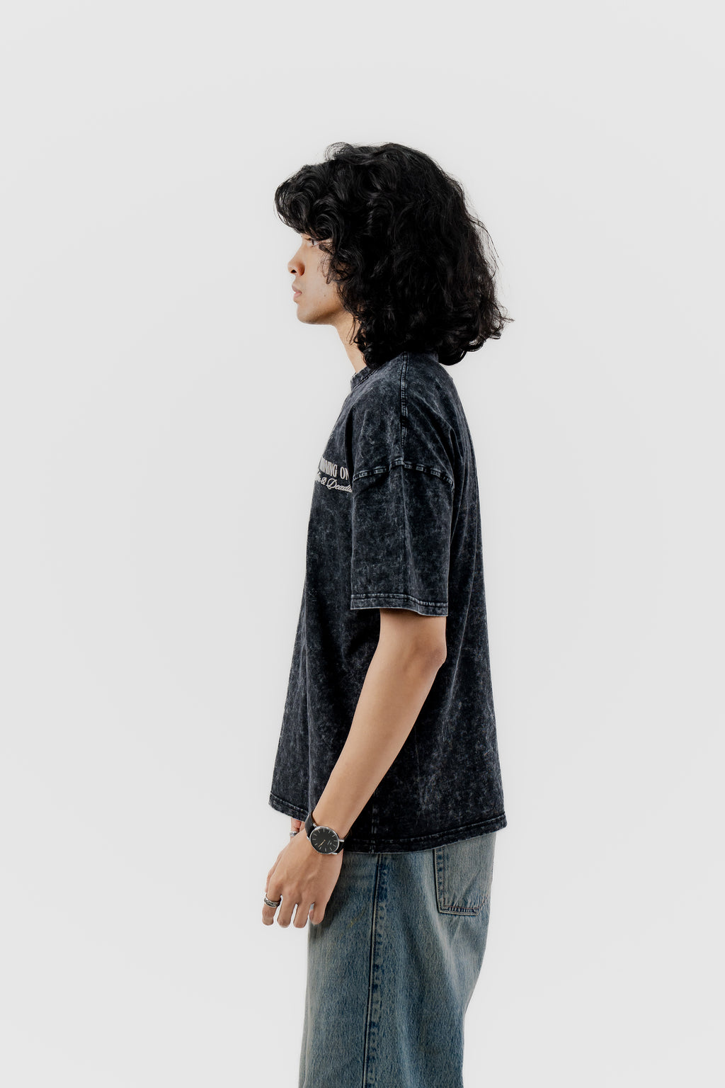 Caffeine and Deadlines - Black Acid Wash - Crew Neck - Drop Shoulder T-Shirt for Men
