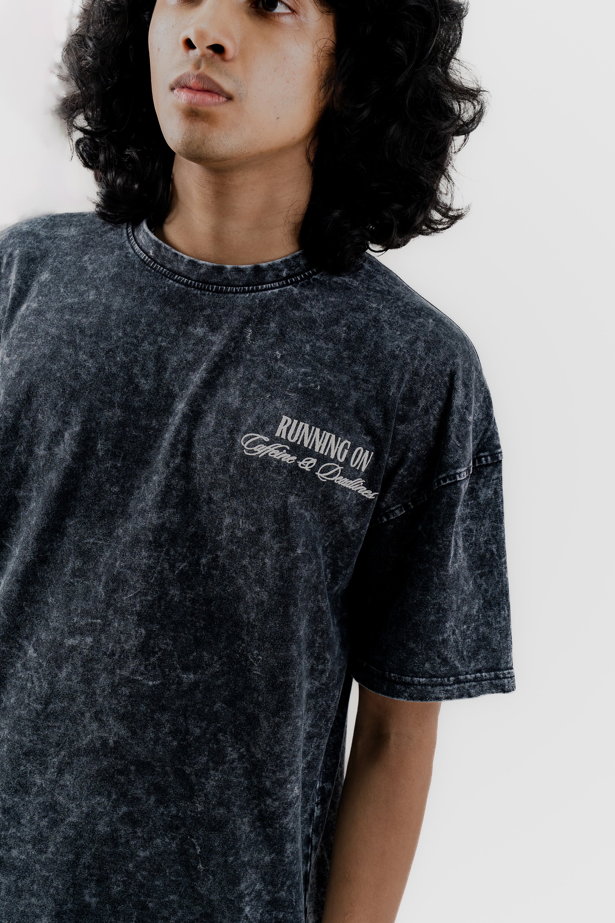 Caffeine and Deadlines - Black Acid Wash - Crew Neck - Drop Shoulder T-Shirt for Men