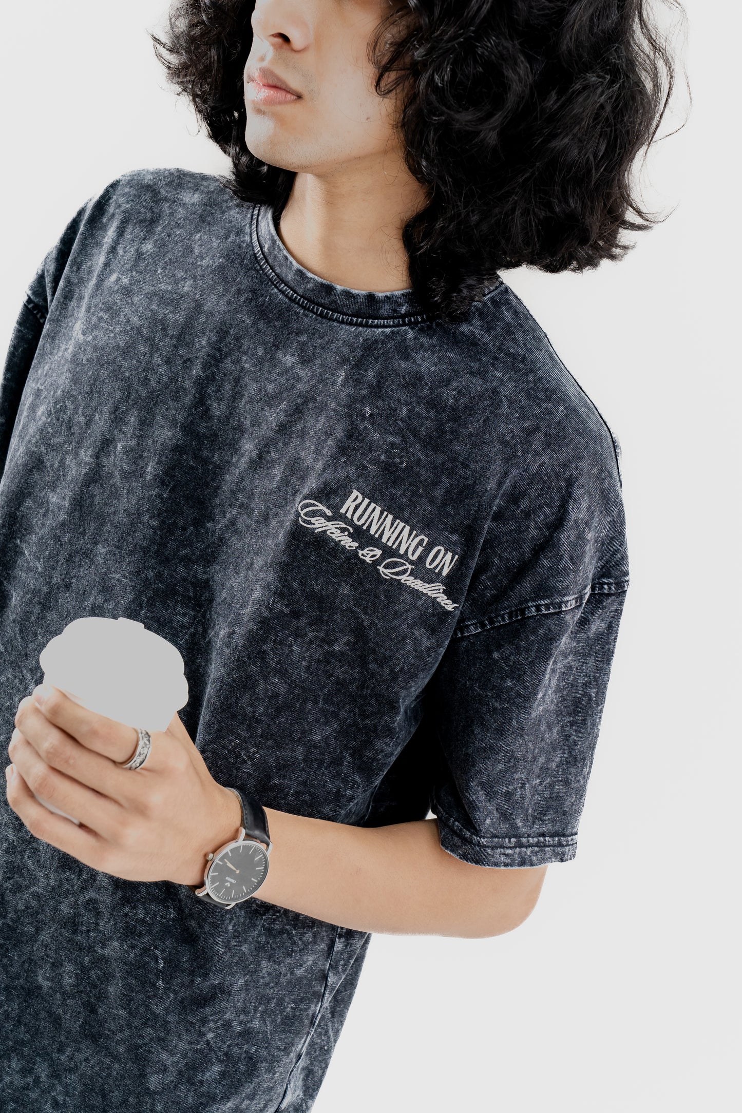 Caffeine and Deadlines - Black Acid Wash - Drop Shoulder T-Shirt for Men