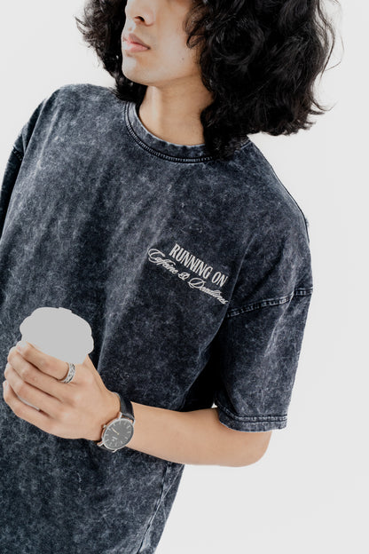 Caffeine and Deadlines - Black Acid Wash - Drop Shoulder T-Shirt for Men