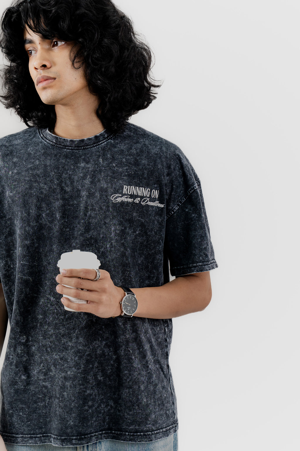 Caffeine and Deadlines - Black Acid Wash - Crew Neck - Drop Shoulder T-Shirt for Men