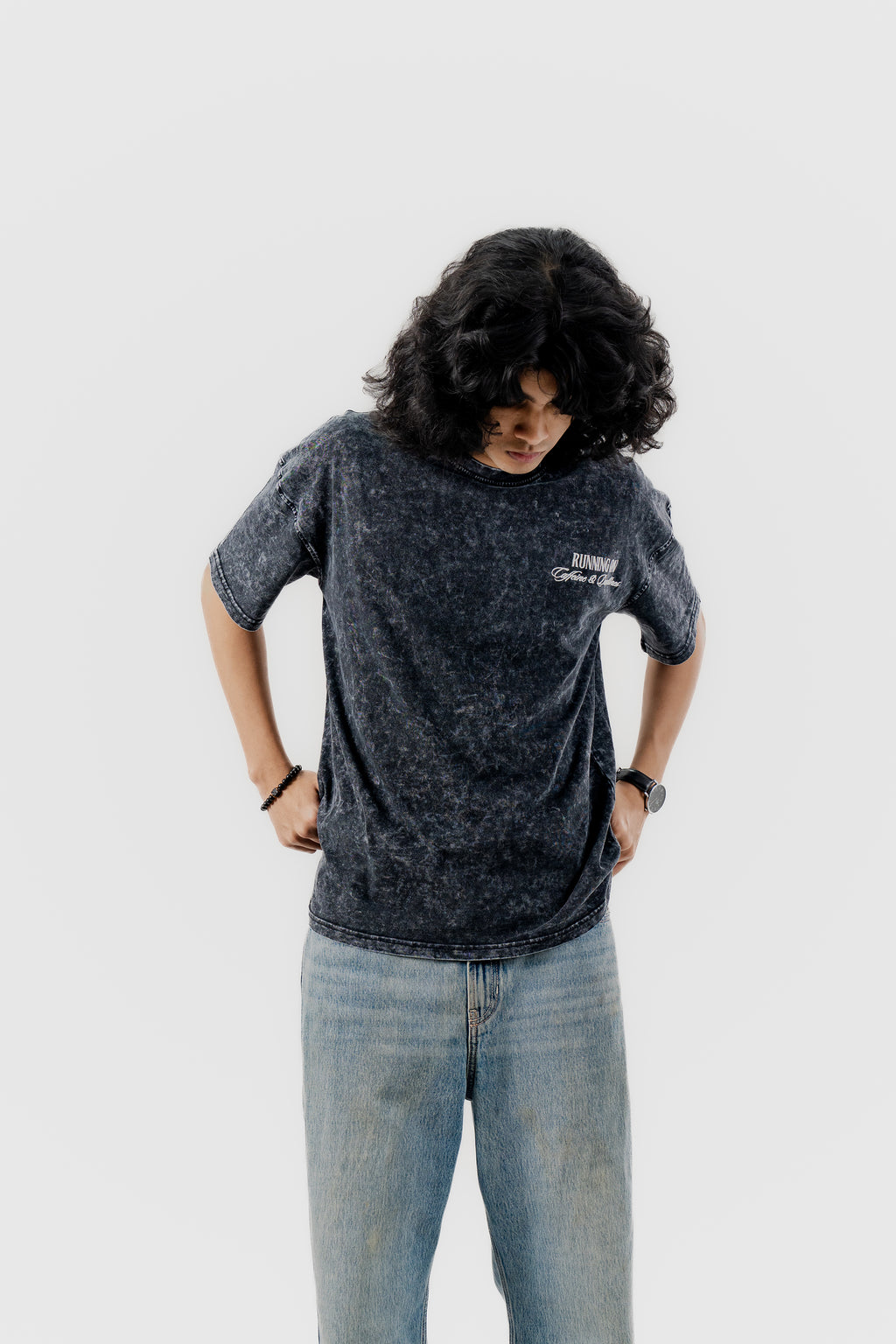 Caffeine and Deadlines - Black Acid Wash - Crew Neck - Drop Shoulder T-Shirt for Men