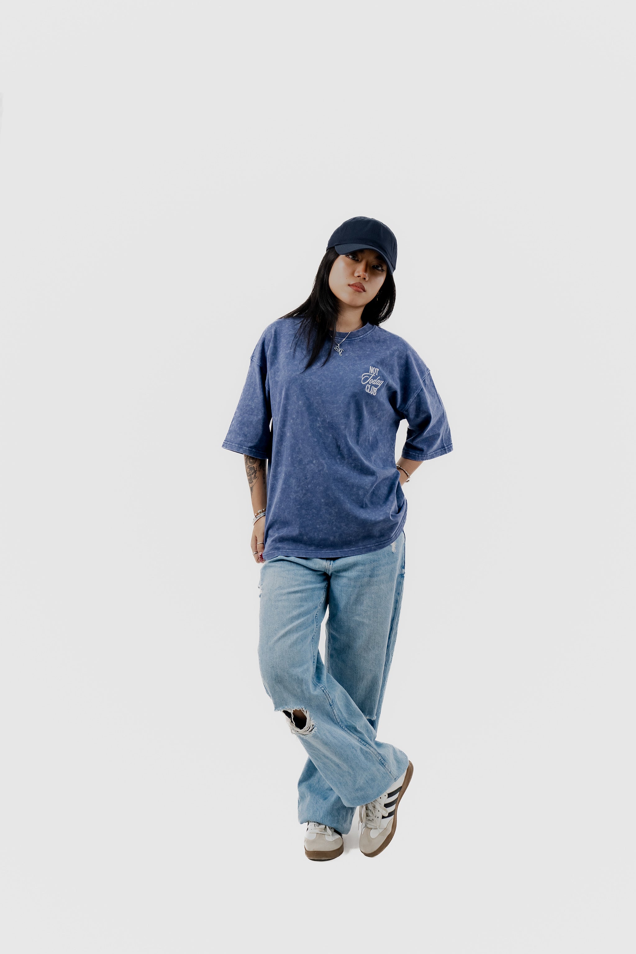 Not Today Club - Blue Acid Wash - Crew Neck - Drop Shoulder T-Shirt for Women