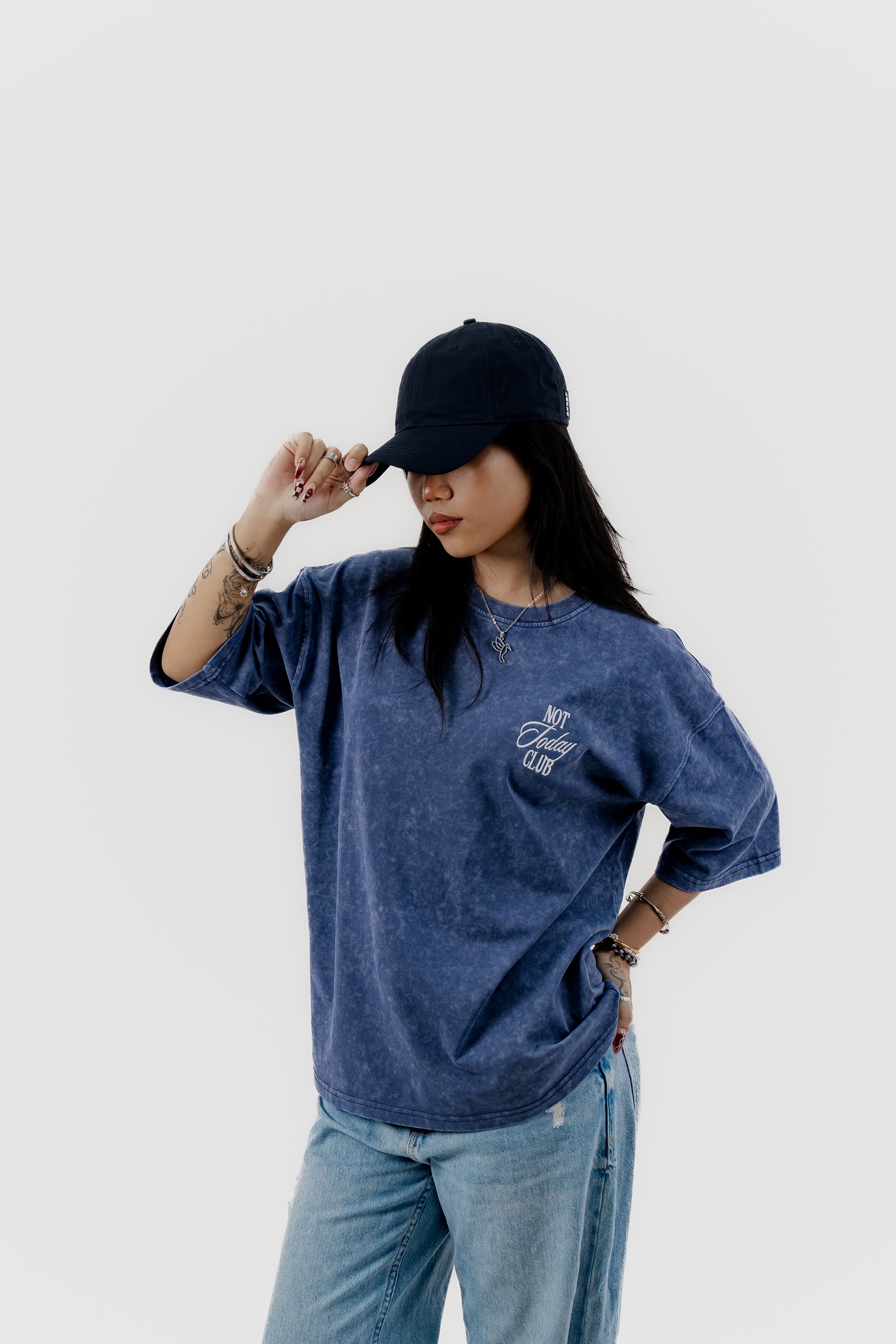 Not Today Club - Blue Acid Wash - Crew Neck - Drop Shoulder T-Shirt for Women
