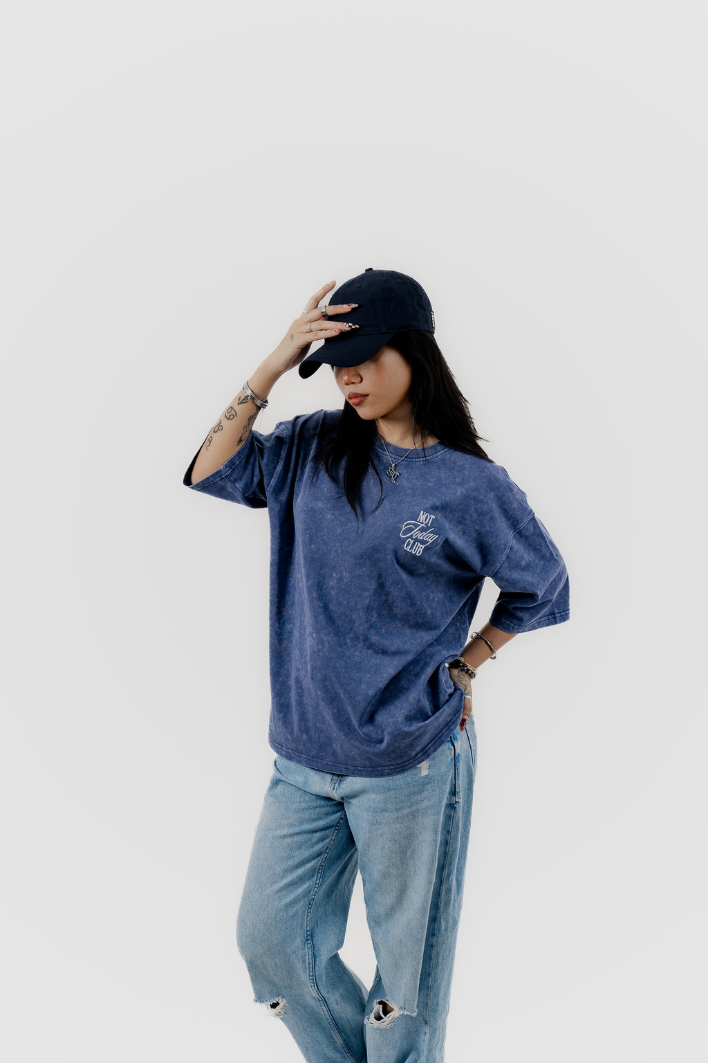 Not Today Club - Blue Acid Wash - Crew Neck - Drop Shoulder T-Shirt for Women