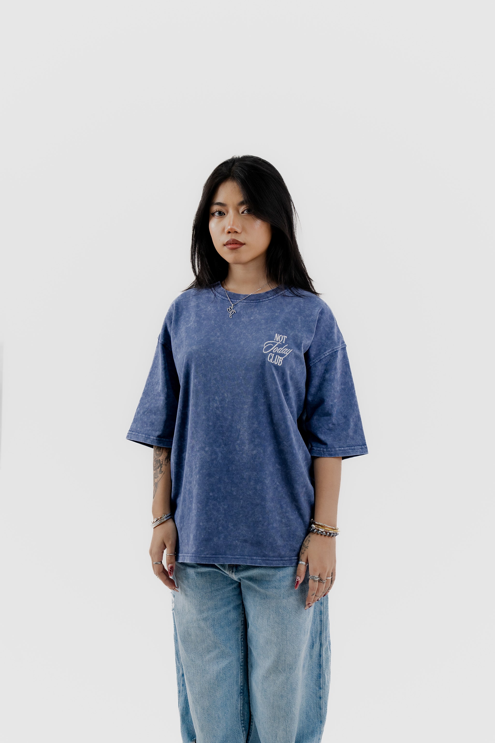 Not Today Club - Blue Acid Wash - Crew Neck - Drop Shoulder T-Shirt for Women