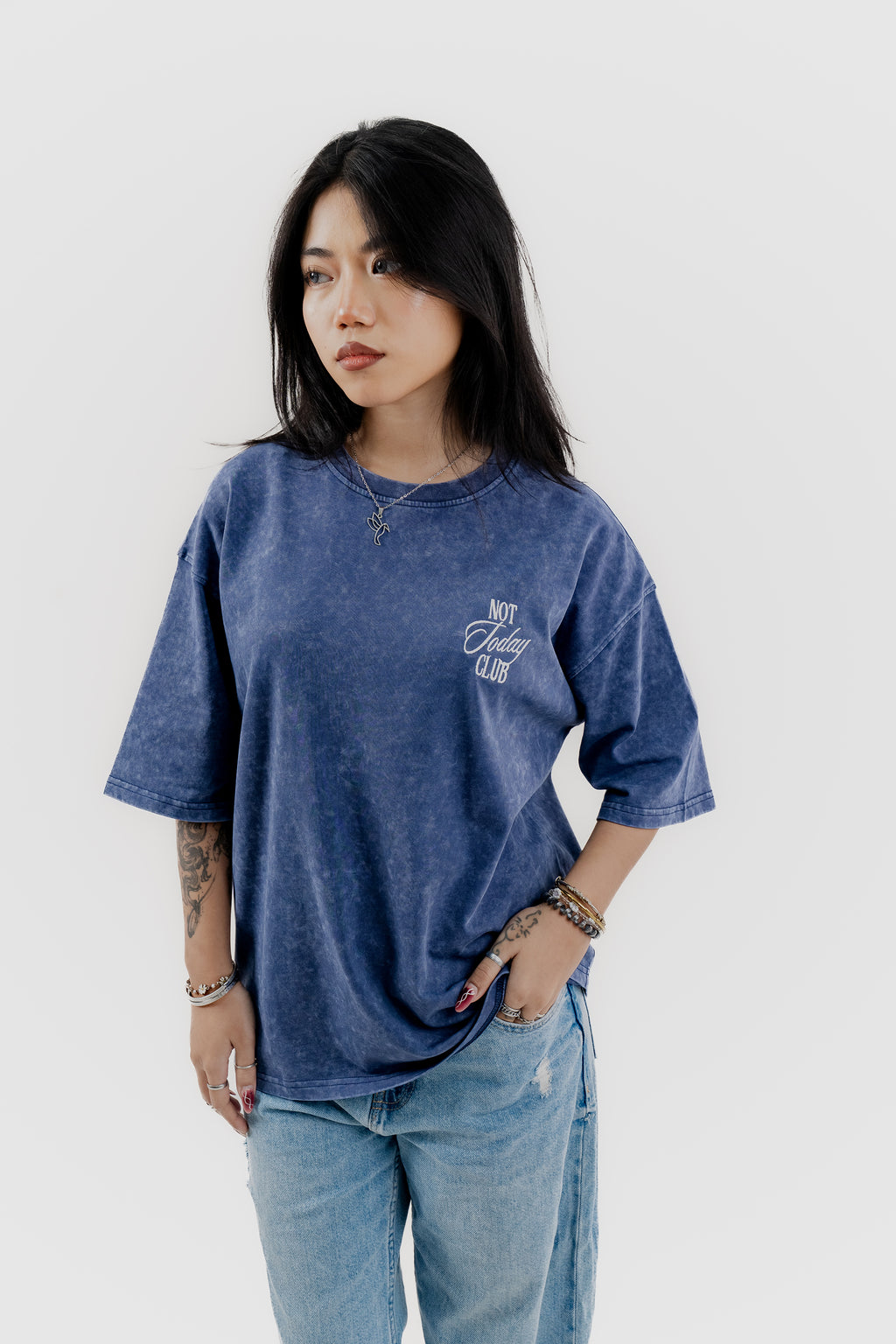 Not Today Club - Blue Acid Wash - Crew Neck - Drop Shoulder T-Shirt for Women