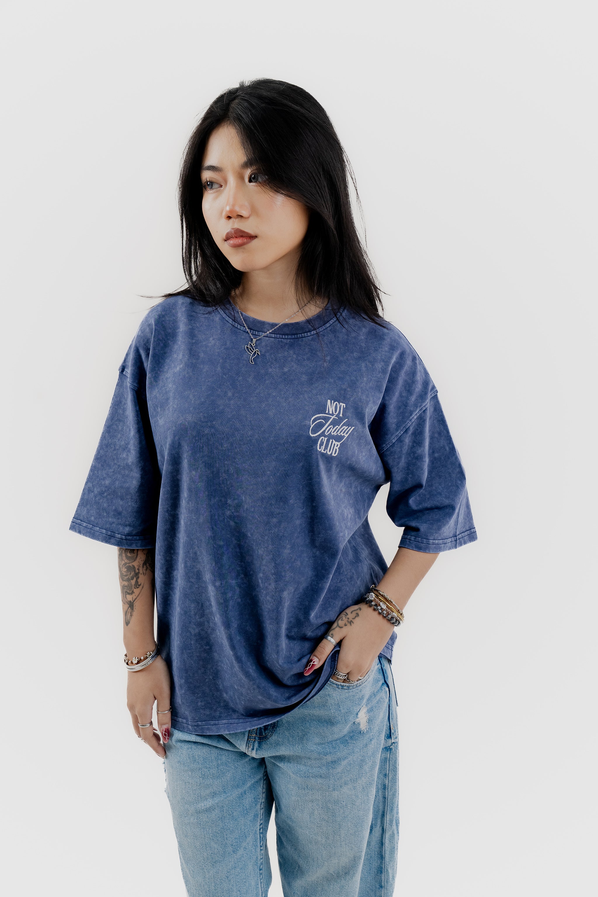 Not Today Club - Blue Acid Wash - Crew Neck - Drop Shoulder T-Shirt for Women