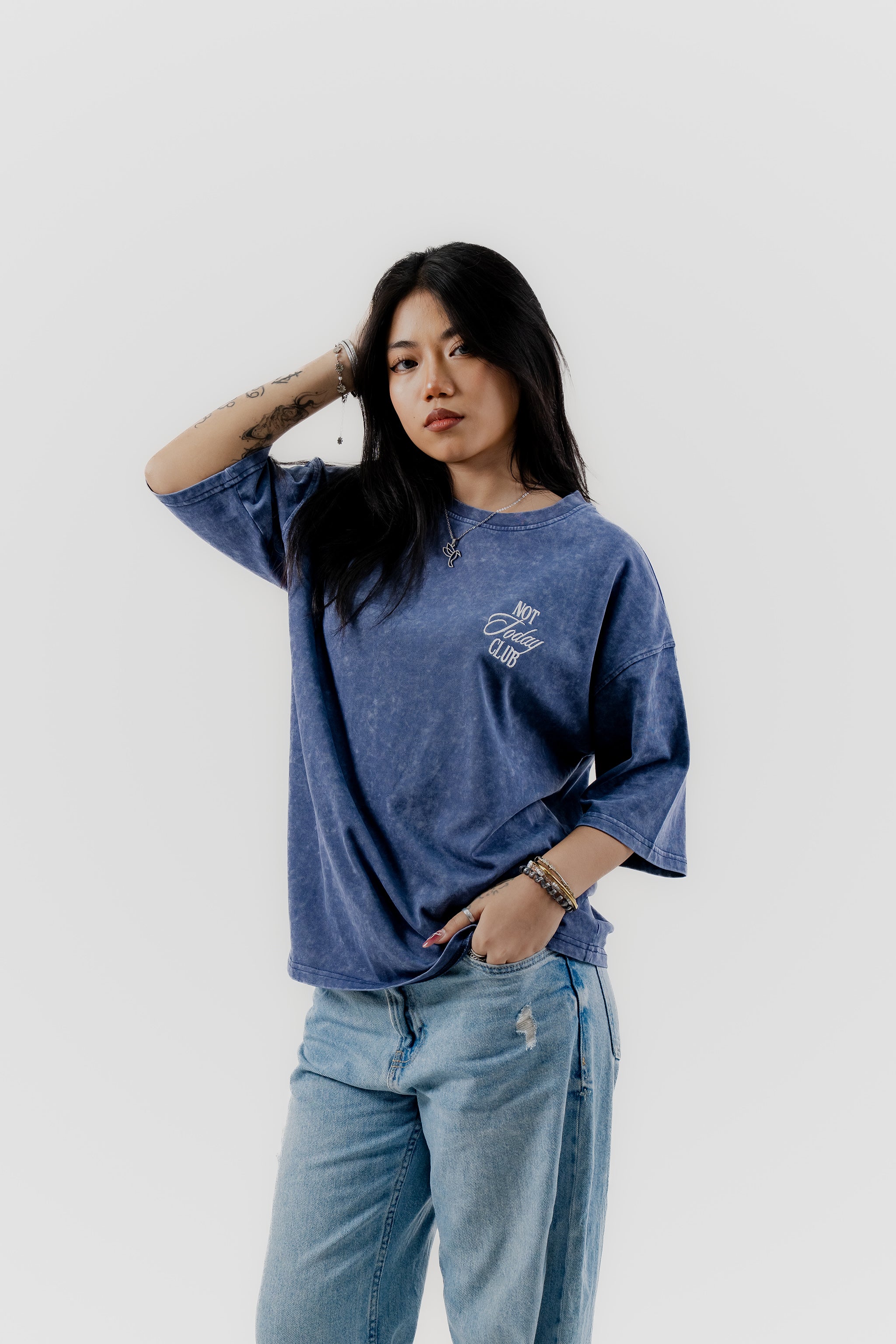 Not Today Club - Blue Acid Wash - Crew Neck - Drop Shoulder T-Shirt for Women