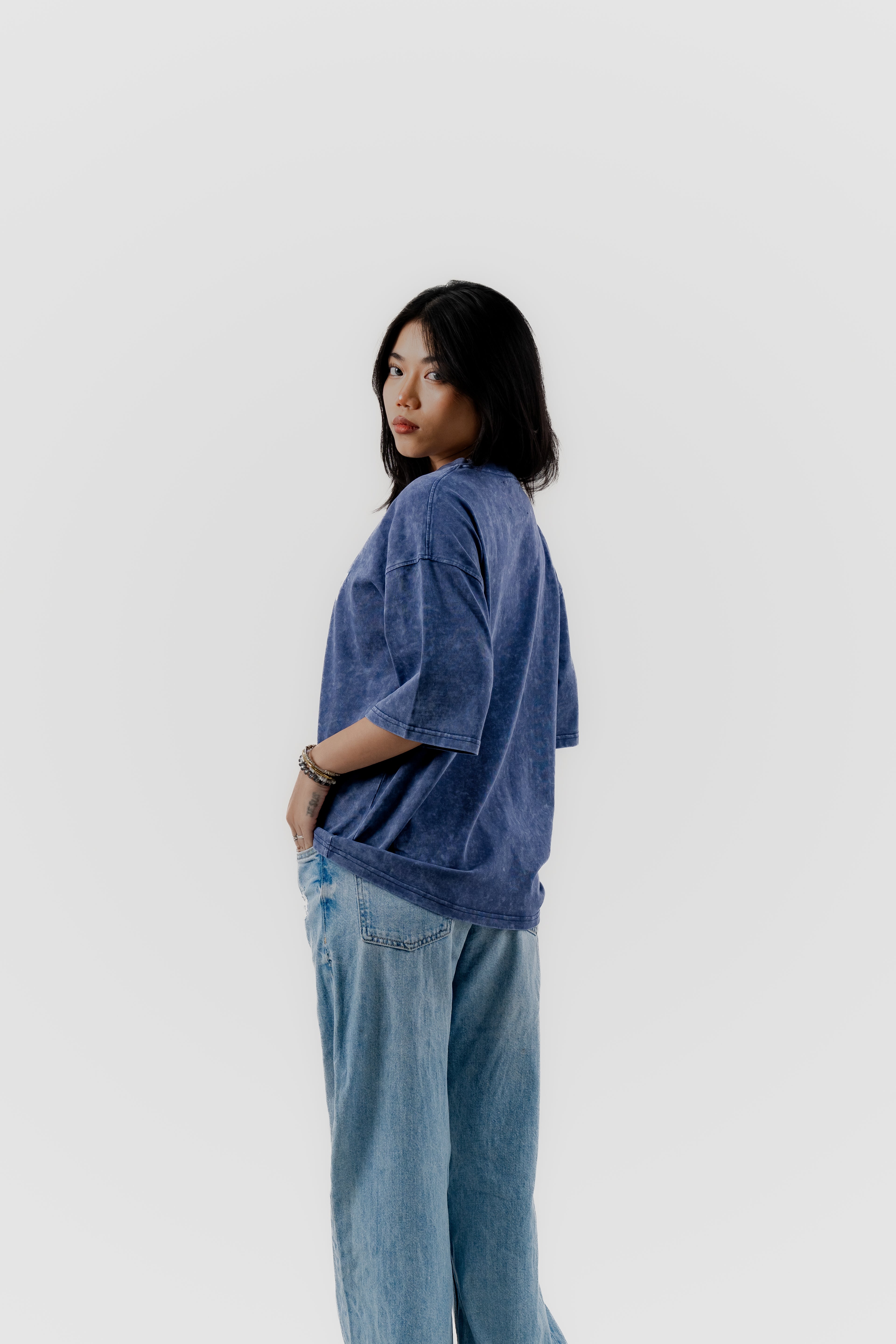 Not Today Club - Blue Acid Wash - Crew Neck - Drop Shoulder T-Shirt for Women