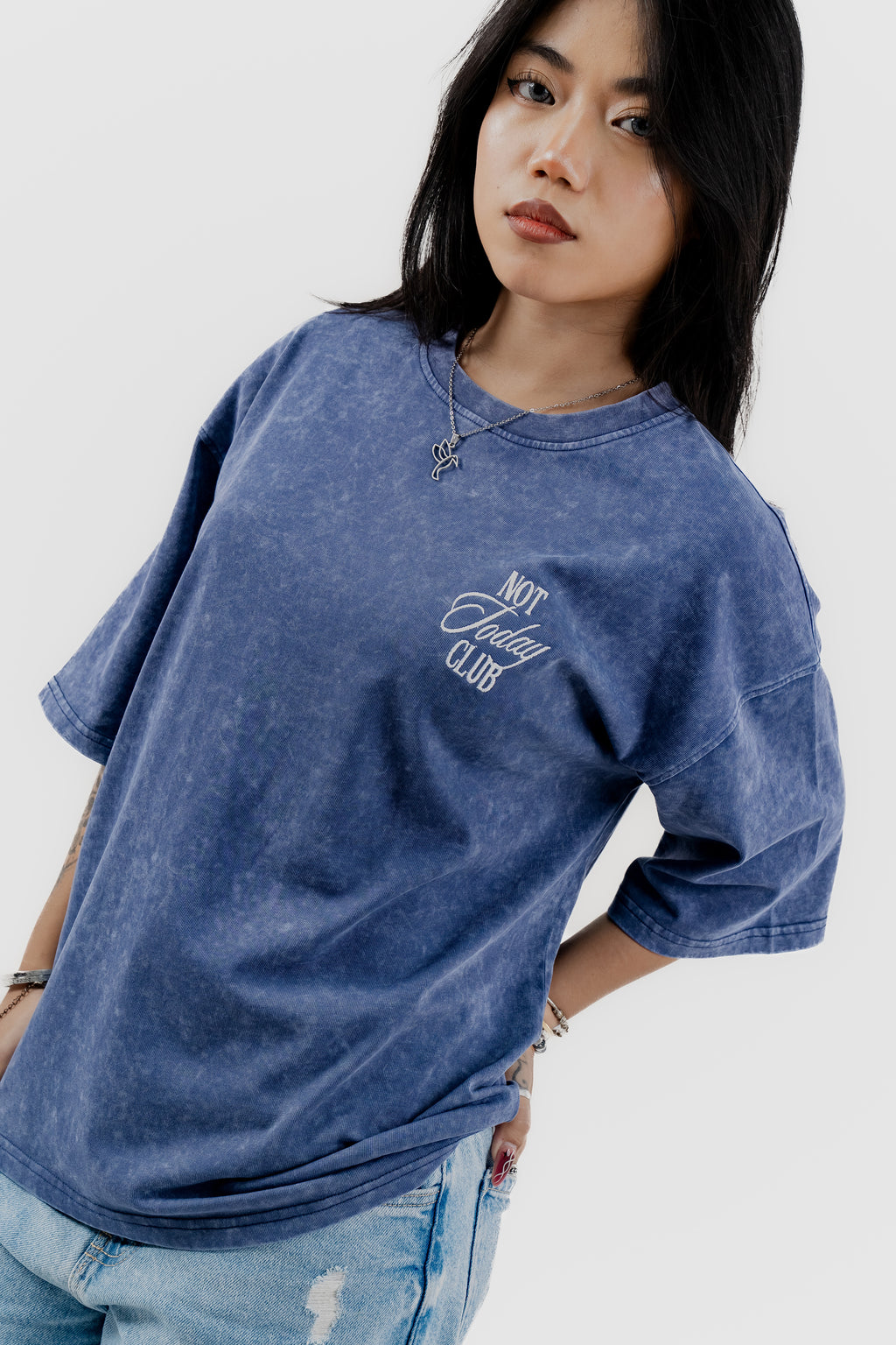 Not Today Club - Blue Acid Wash - Crew Neck - Drop Shoulder T-Shirt for Women