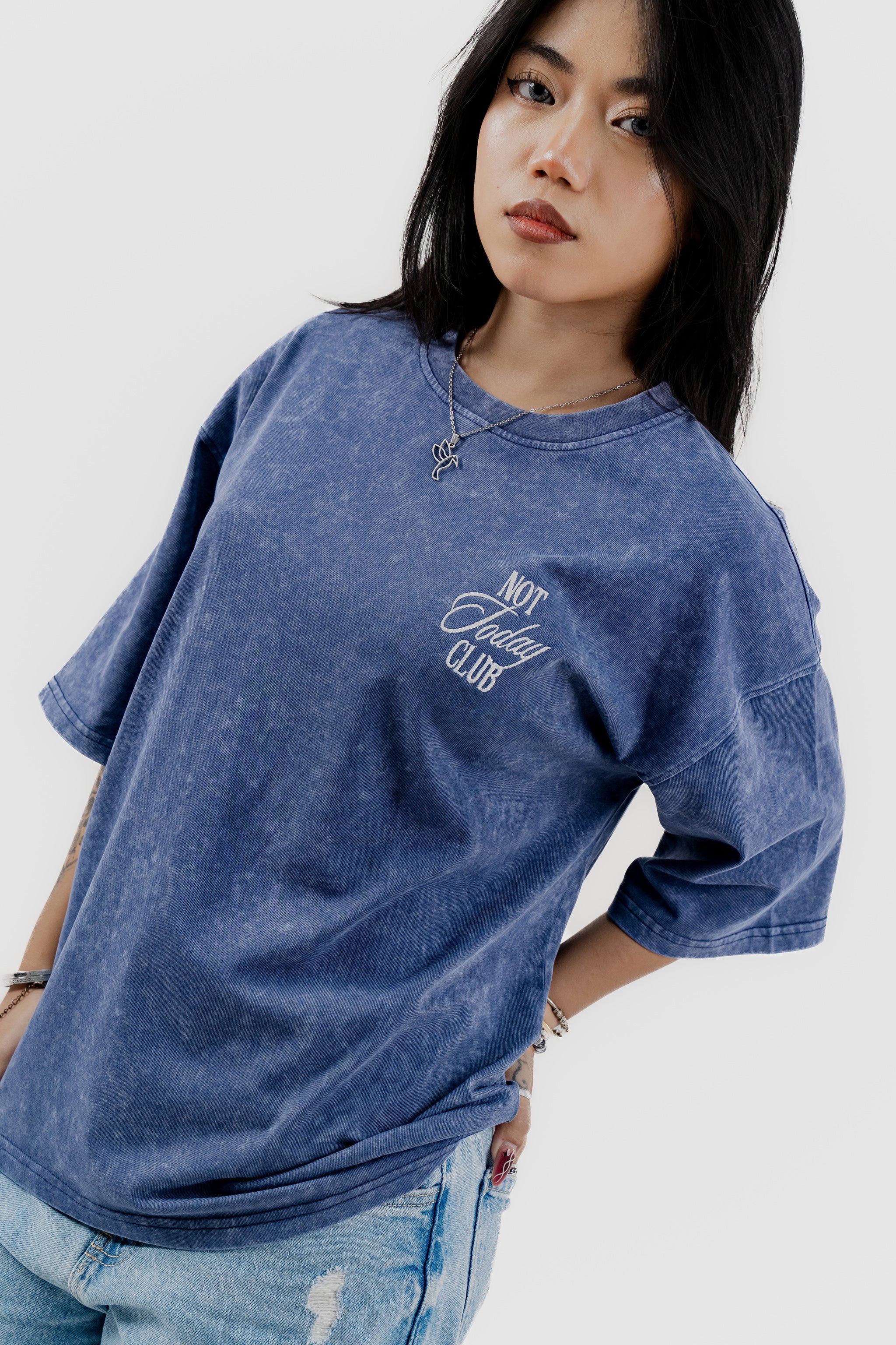 Not Today Club - Blue Acid Wash - Crew Neck - Drop Shoulder T-Shirt for Women