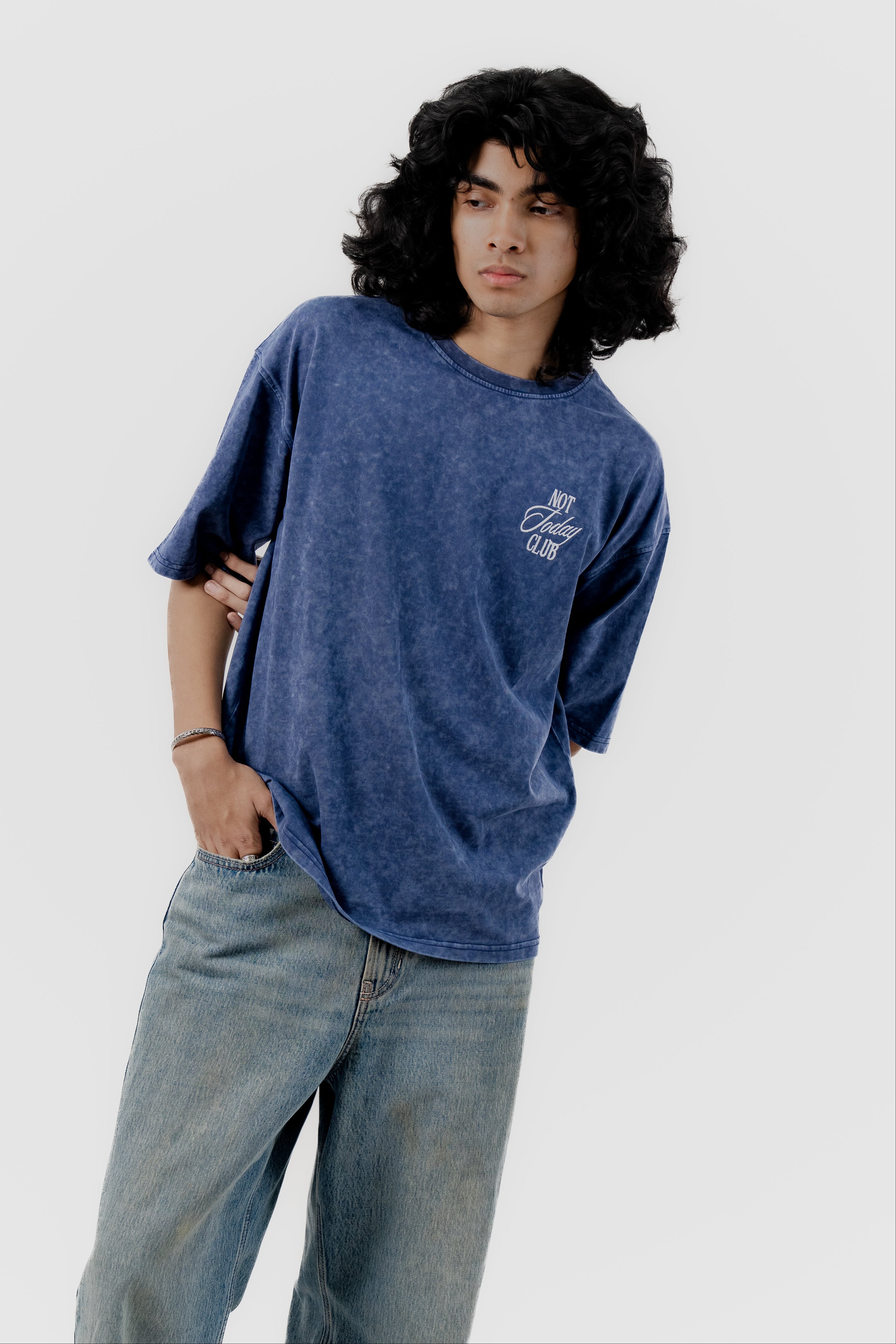 Not Today Club - Blue Acid Wash - Crew Neck - Drop Shoulder T-Shirt for Men