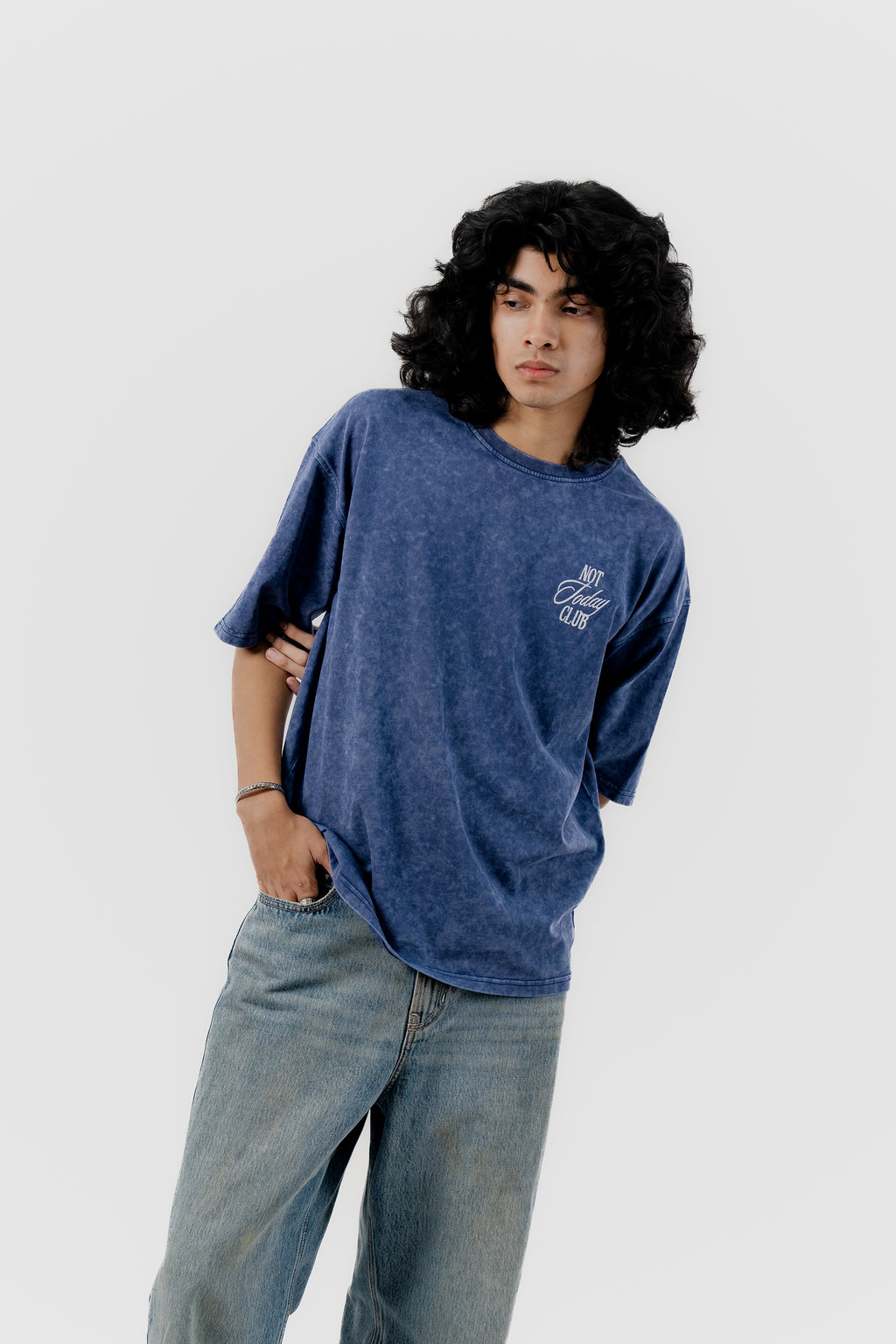 Not Today Club - Blue Acid Wash - Crew Neck - Drop Shoulder T-Shirt for Men