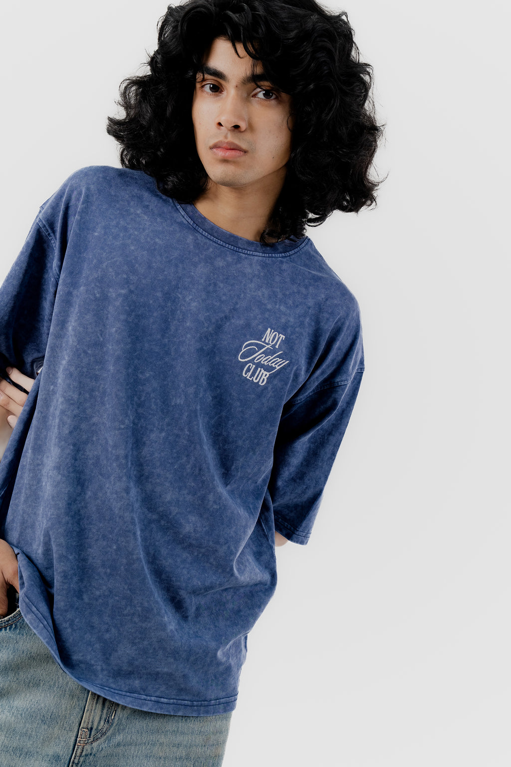 Not Today Club - Blue Acid Wash - Crew Neck - Drop Shoulder T-Shirt for Men