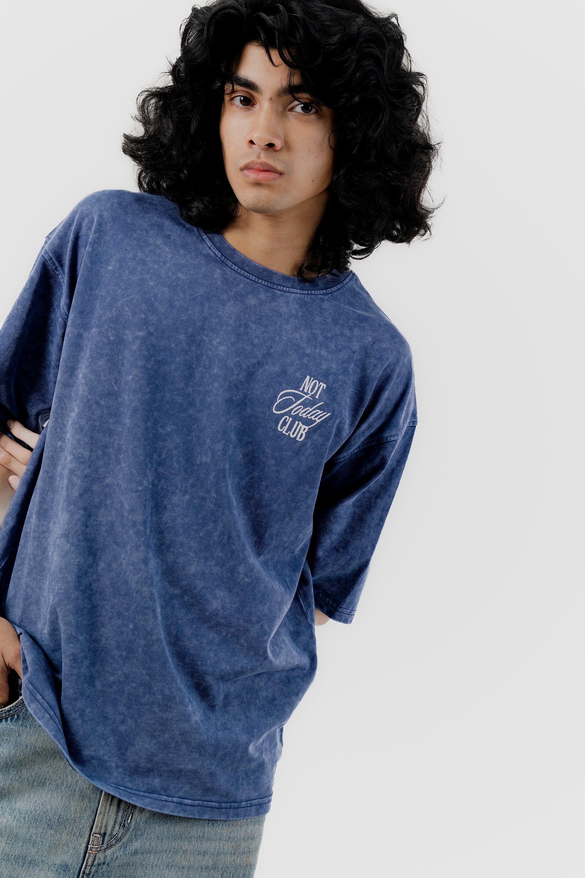 Not Today Club - Blue Acid Wash - Crew Neck - Drop Shoulder T-Shirt for Men