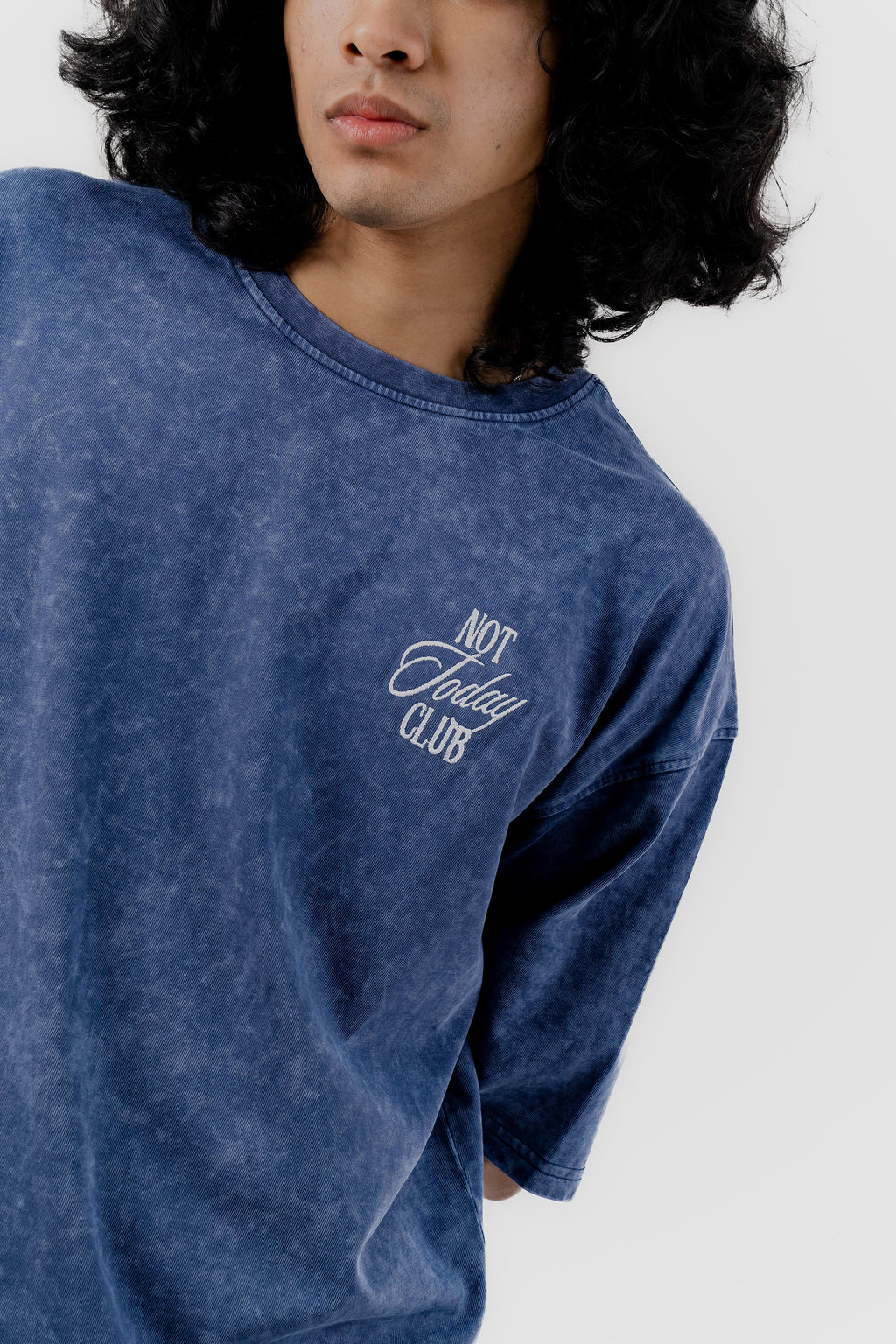 Not Today Club - Blue Acid Wash - Crew Neck - Drop Shoulder T-Shirt for Men