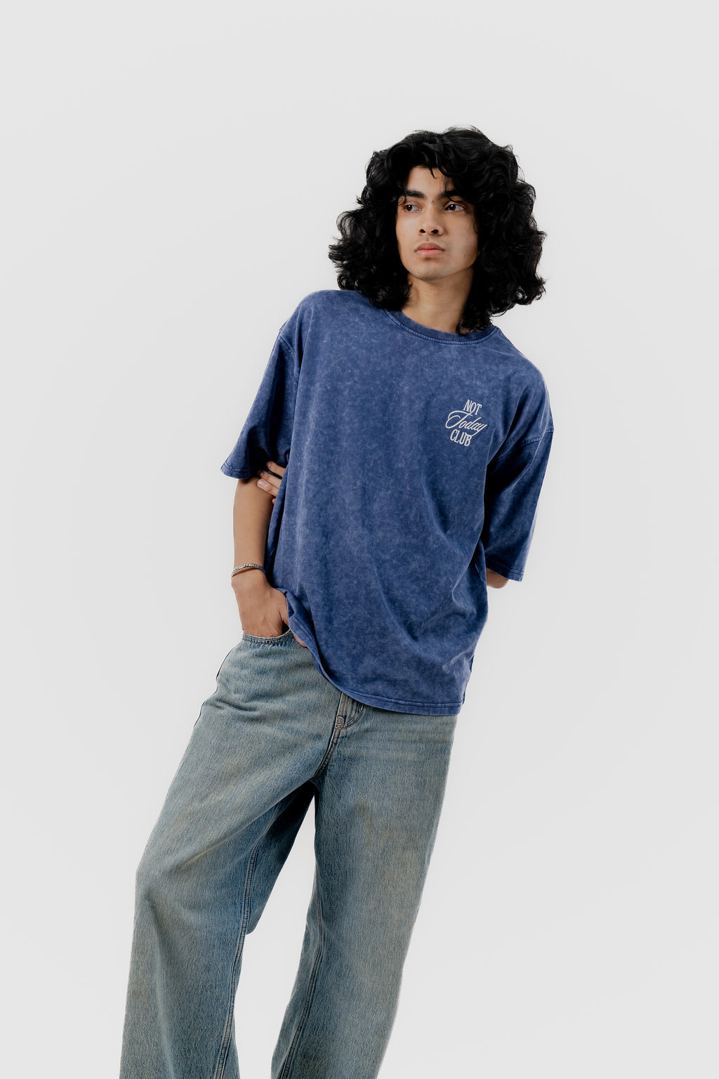 Not Today Club - Blue Acid Wash - Crew Neck - Drop Shoulder T-Shirt for Men