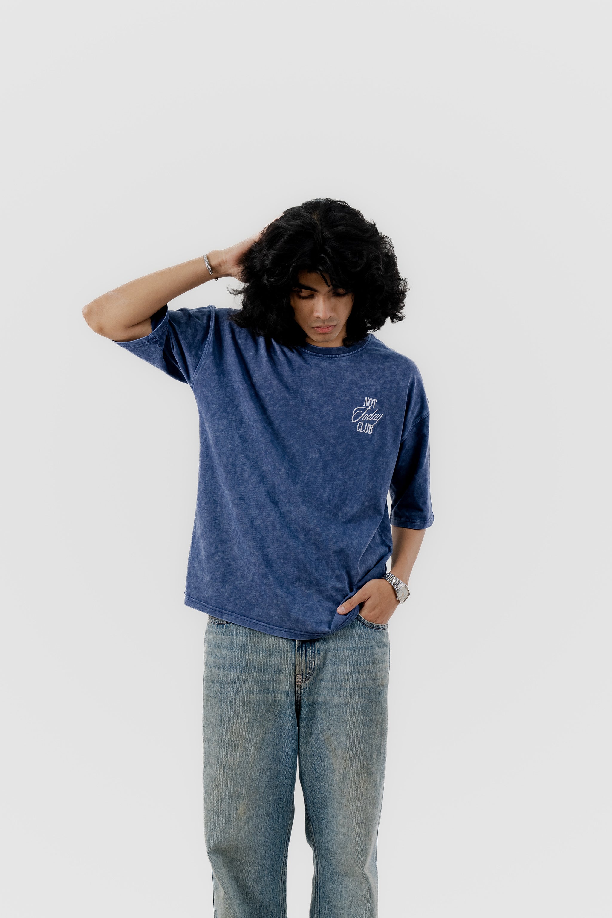 Not Today Club - Blue Acid Wash - Crew Neck - Drop Shoulder T-Shirt for Men