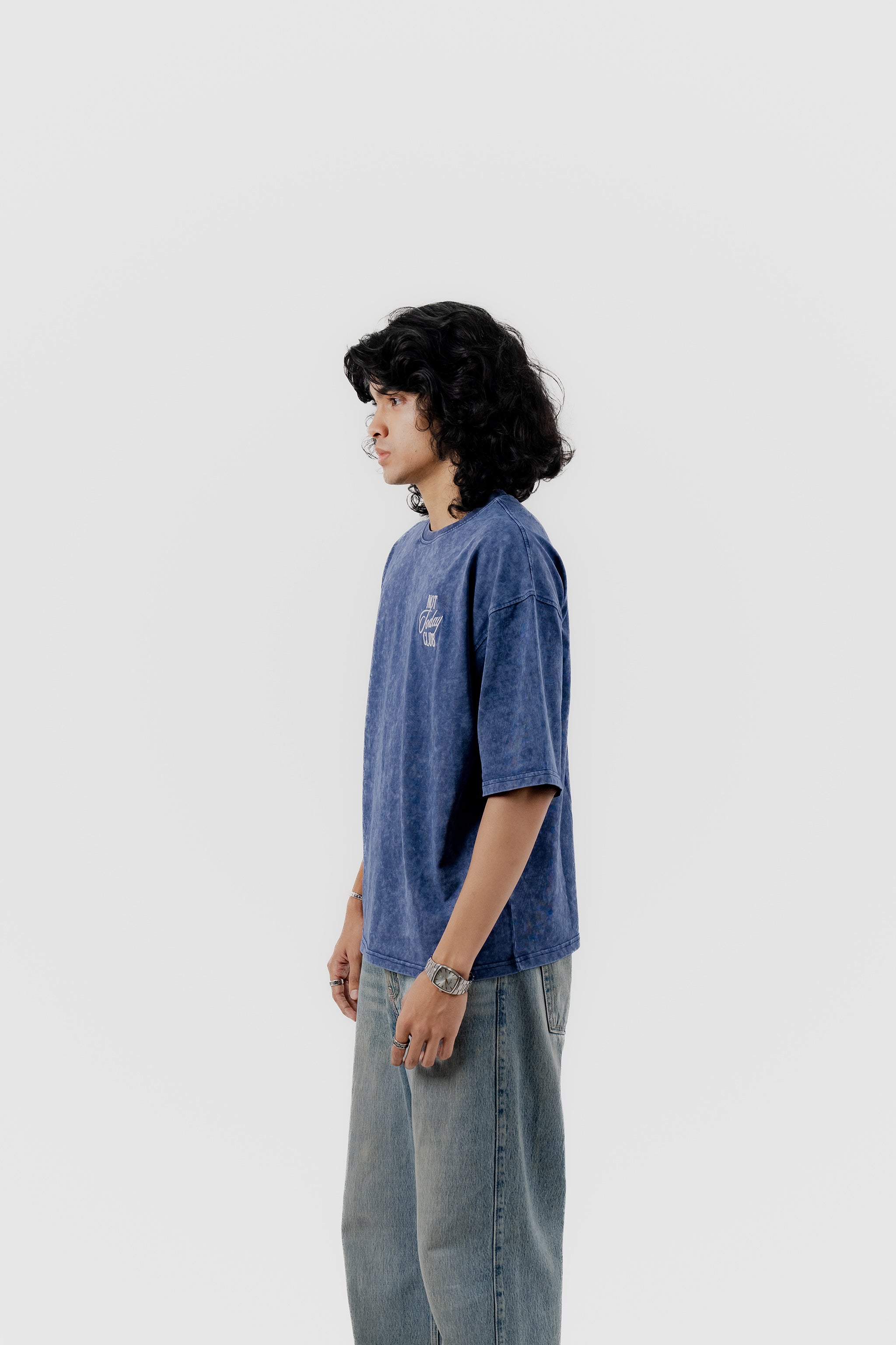 Not Today Club - Blue Acid Wash - Crew Neck - Drop Shoulder T-Shirt for Men