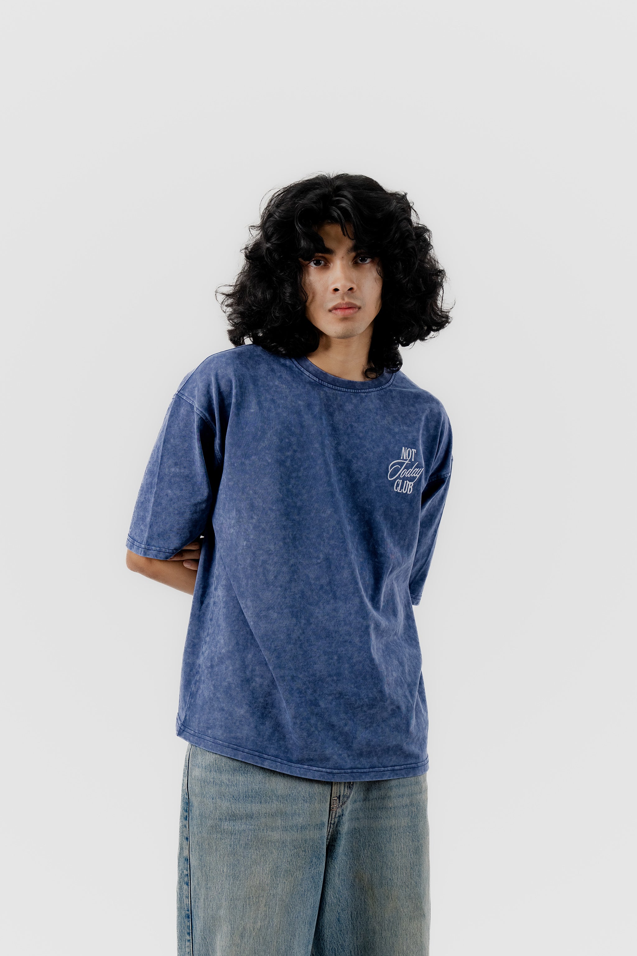 Not Today Club - Blue Acid Wash - Crew Neck - Drop Shoulder T-Shirt for Men