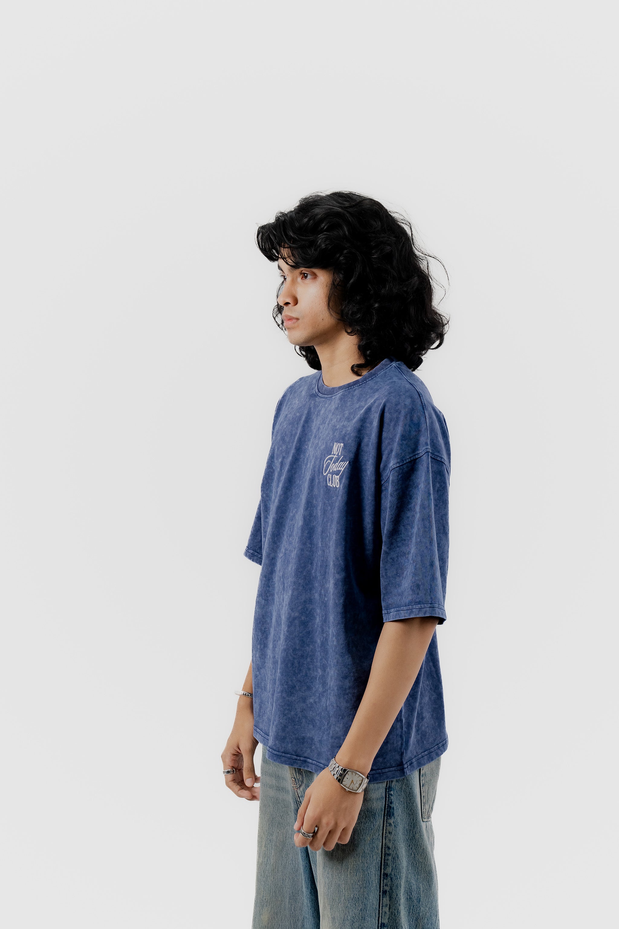 Not Today Club - Blue Acid Wash - Crew Neck - Drop Shoulder T-Shirt for Men