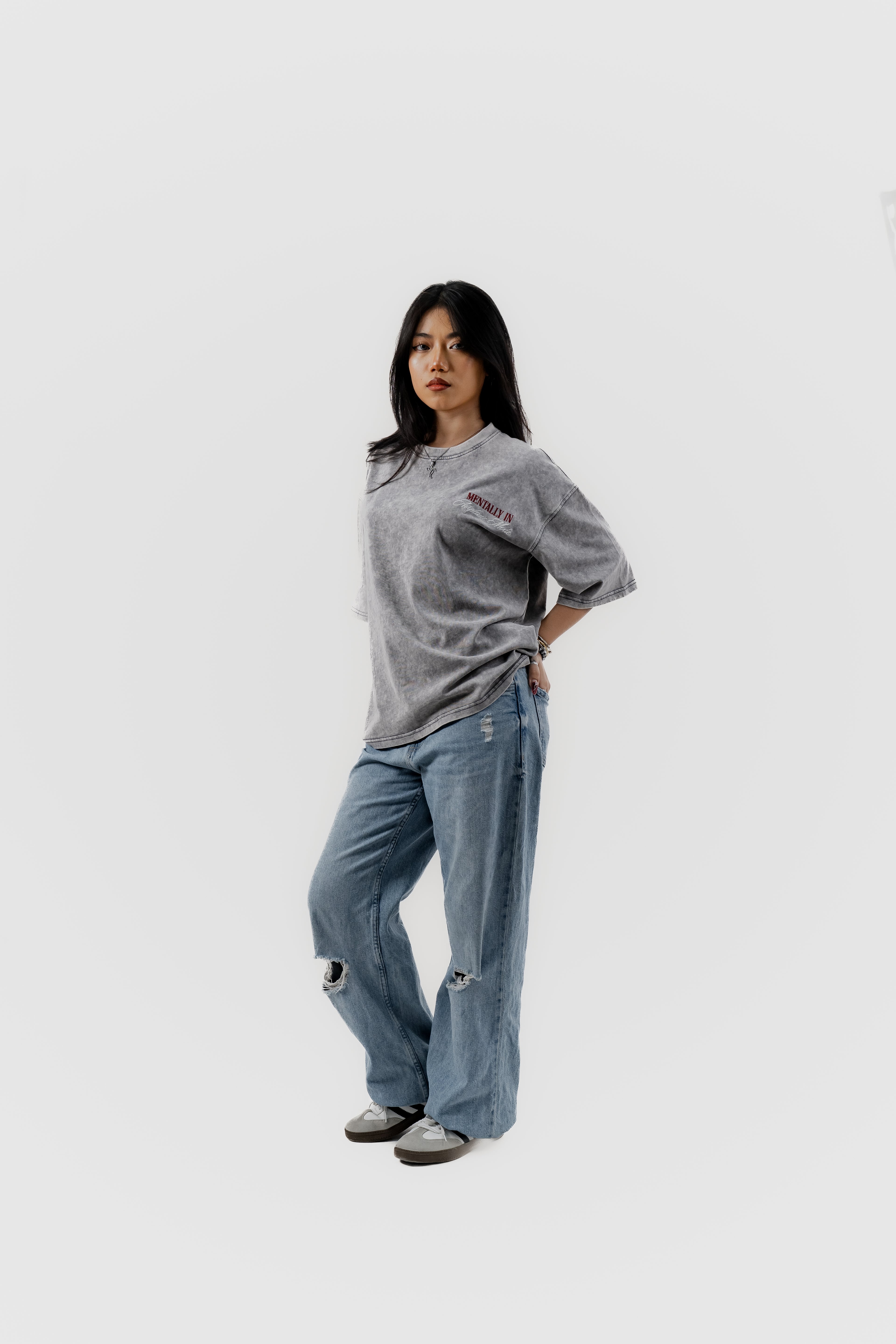 Airplane Mode - Light Grey Acid Wash - Crew Neck - Drop Shoulder T-Shirt for Women