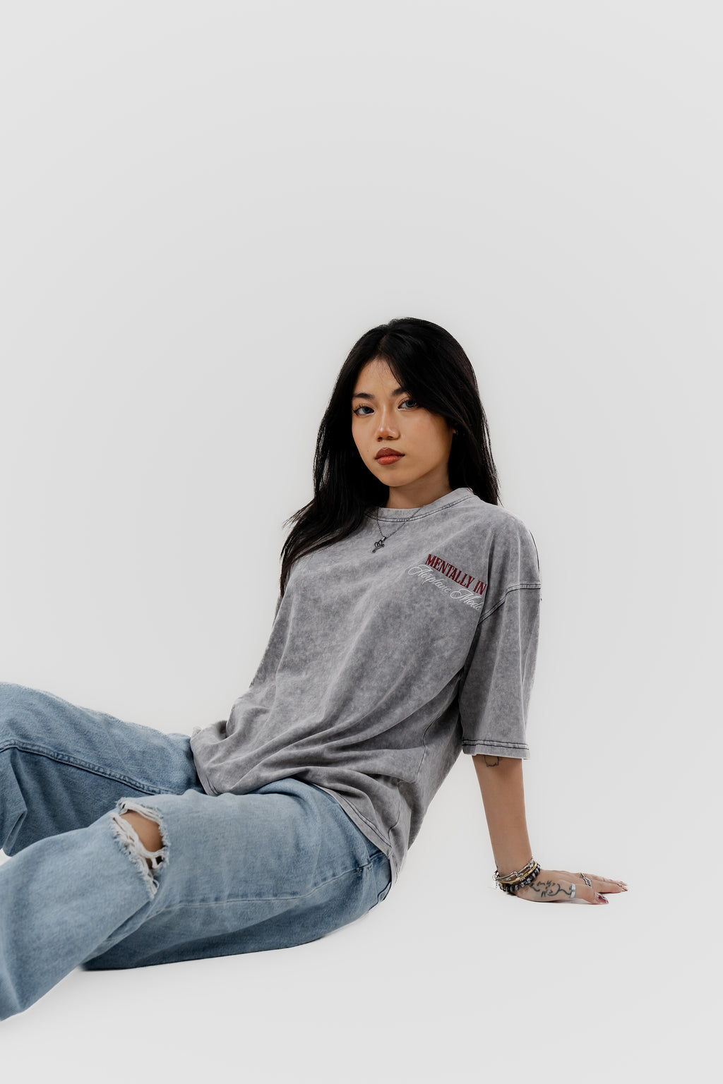 Airplane Mode - Light Grey Acid Wash - Crew Neck - Drop Shoulder T-Shirt for Women