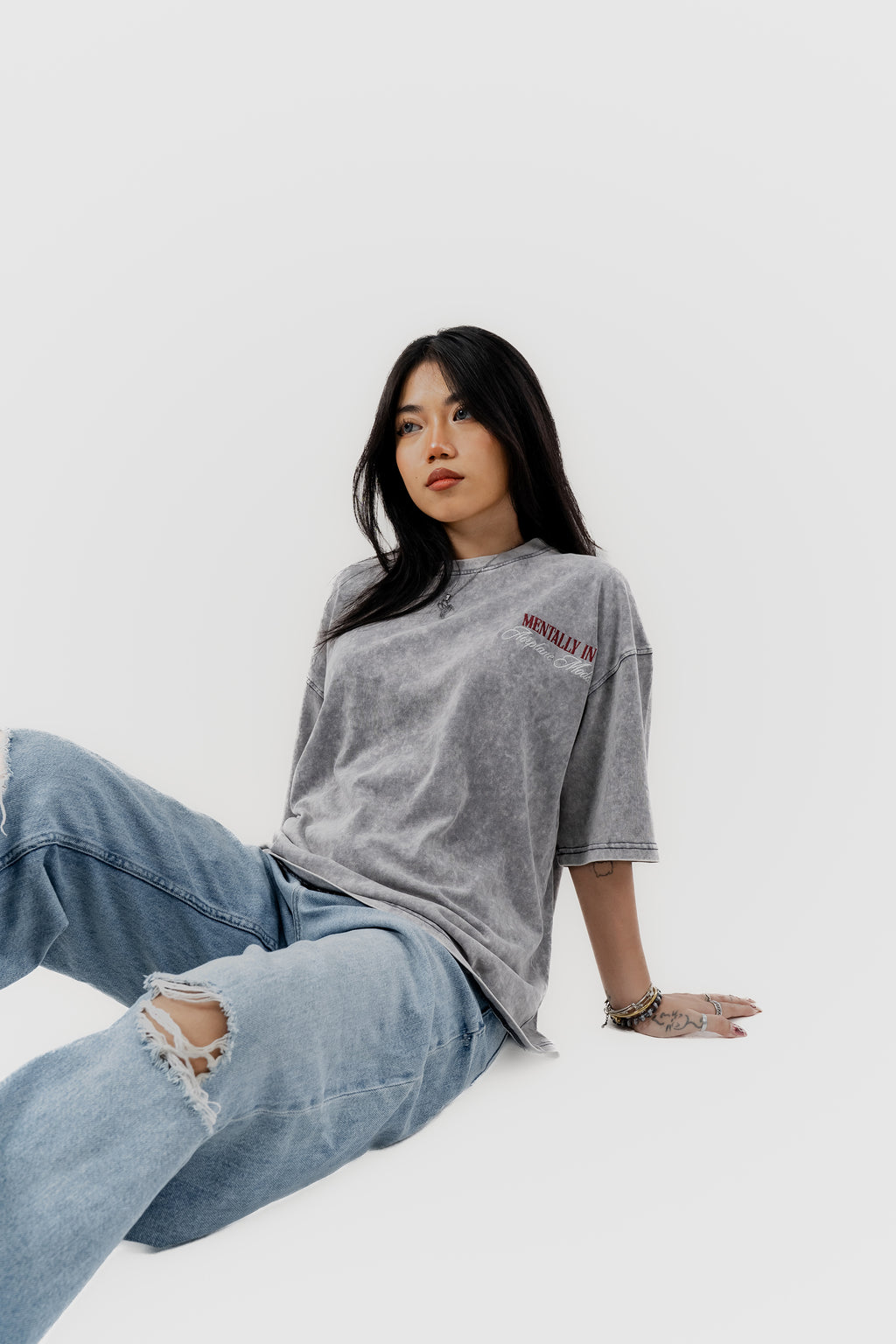 Airplane Mode - Light Grey Acid Wash - Crew Neck - Drop Shoulder T-Shirt for Women