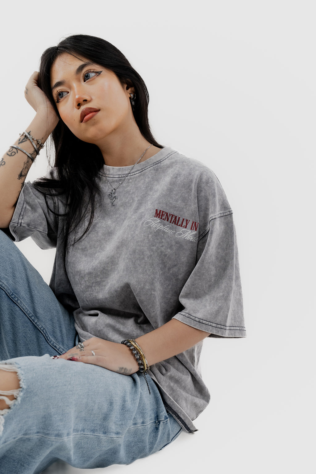 Airplane Mode - Light Grey Acid Wash - Crew Neck - Drop Shoulder T-Shirt for Women