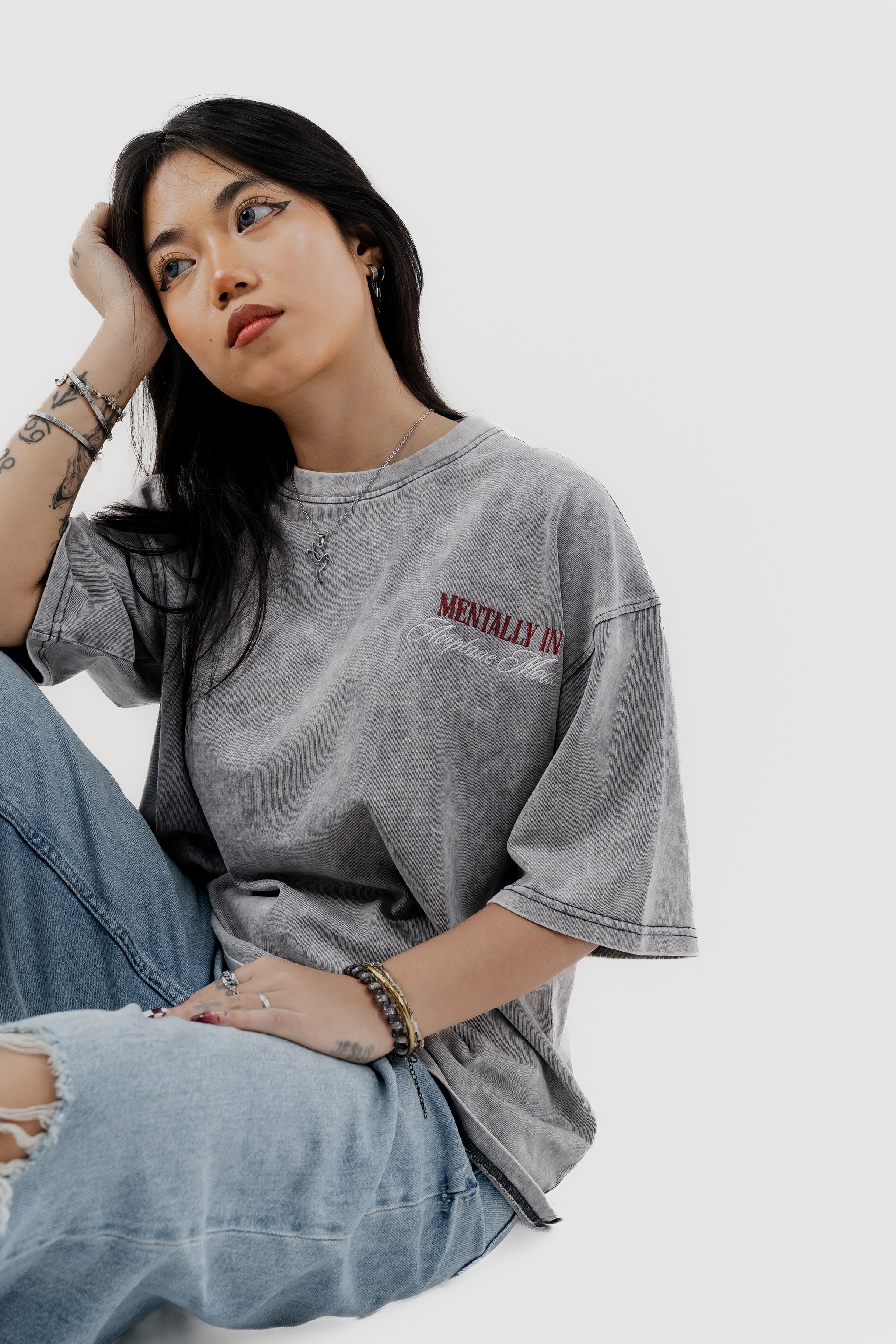 Airplane Mode - Light Grey Acid Wash - Crew Neck - Drop Shoulder T-Shirt for Women