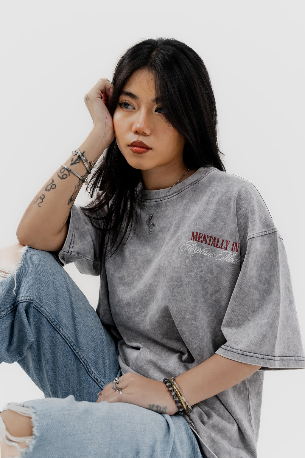 Airplane Mode - Light Grey Acid Wash - Crew Neck - Drop Shoulder T-Shirt for Women