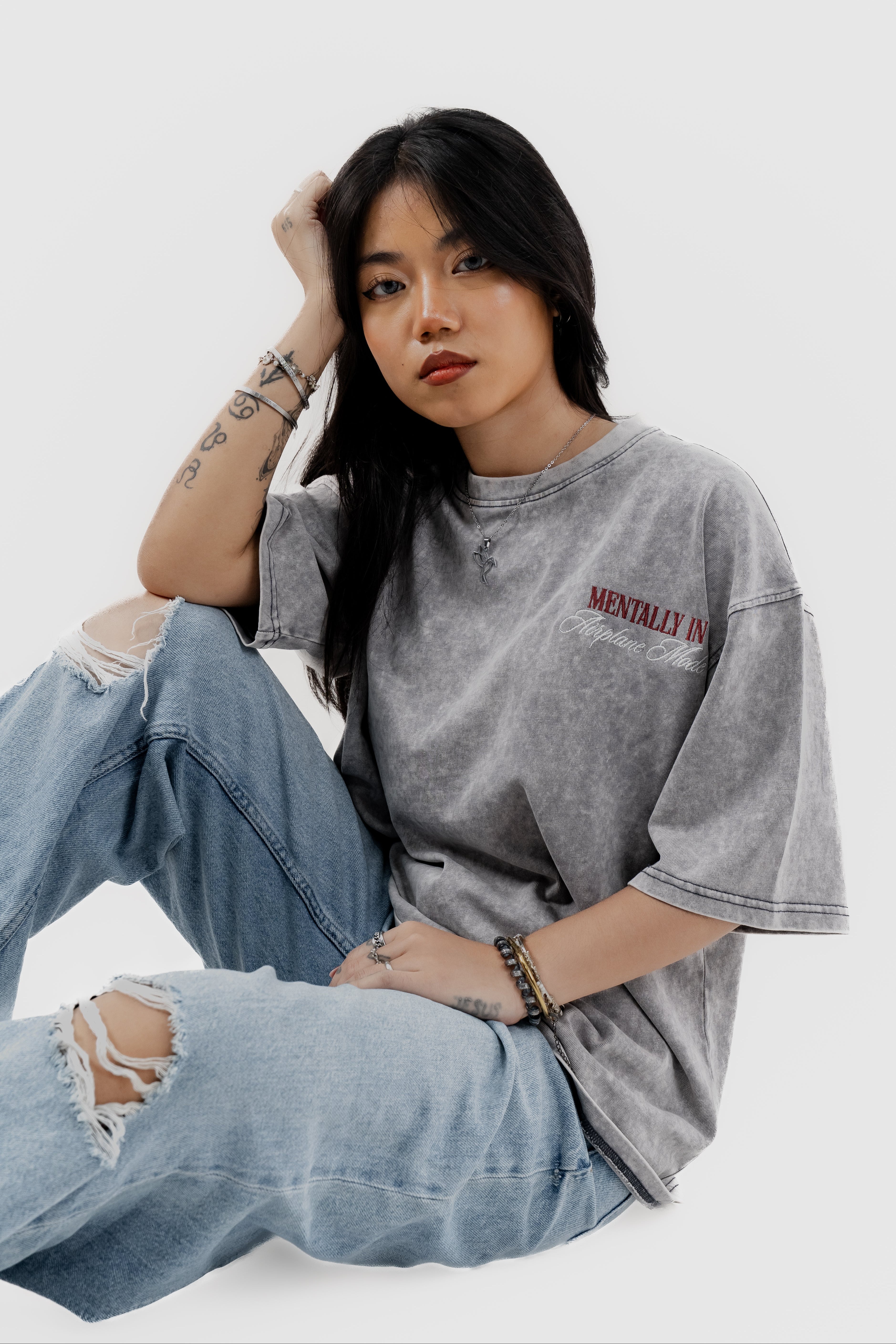 Airplane Mode - Light Grey Acid Wash - Crew Neck - Drop Shoulder T-Shirt for Women