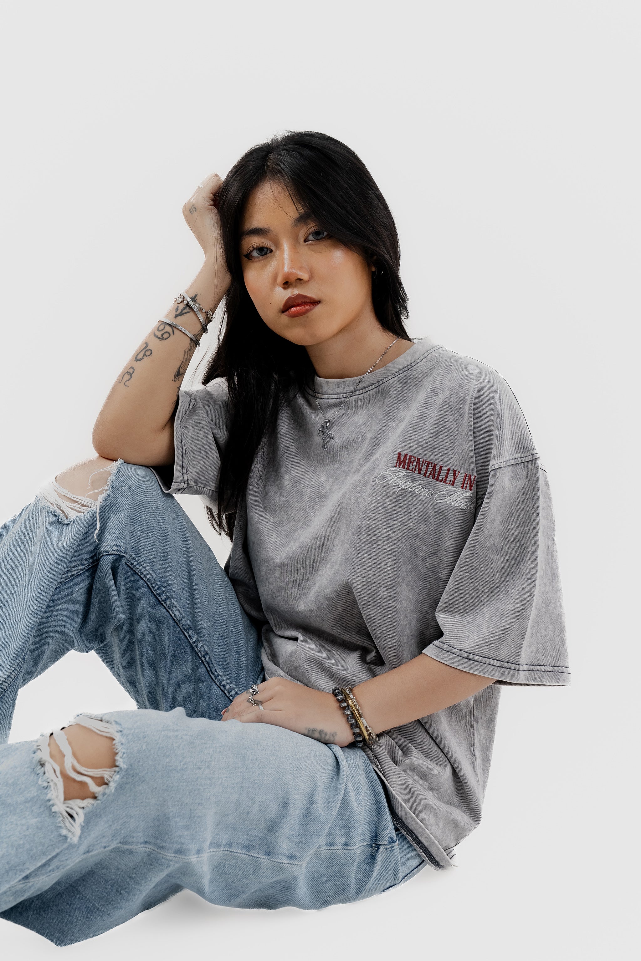 Airplane Mode - Light Grey Acid Wash - Crew Neck - Drop Shoulder T-Shirt for Women