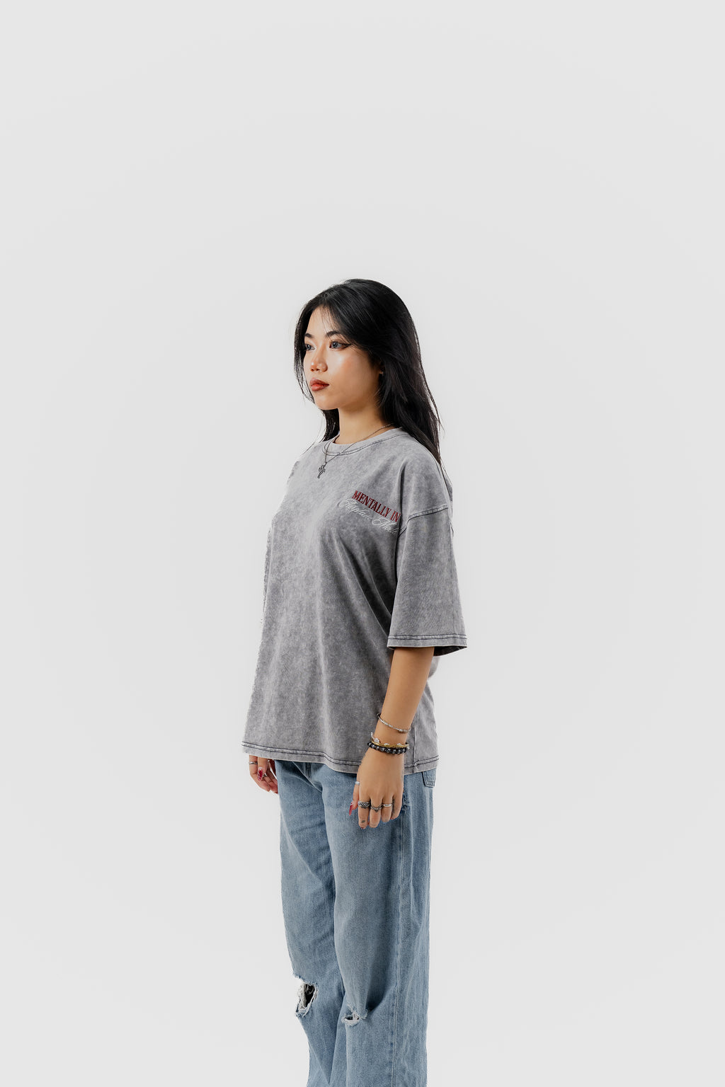 Airplane Mode - Light Grey Acid Wash - Crew Neck - Drop Shoulder T-Shirt for Women